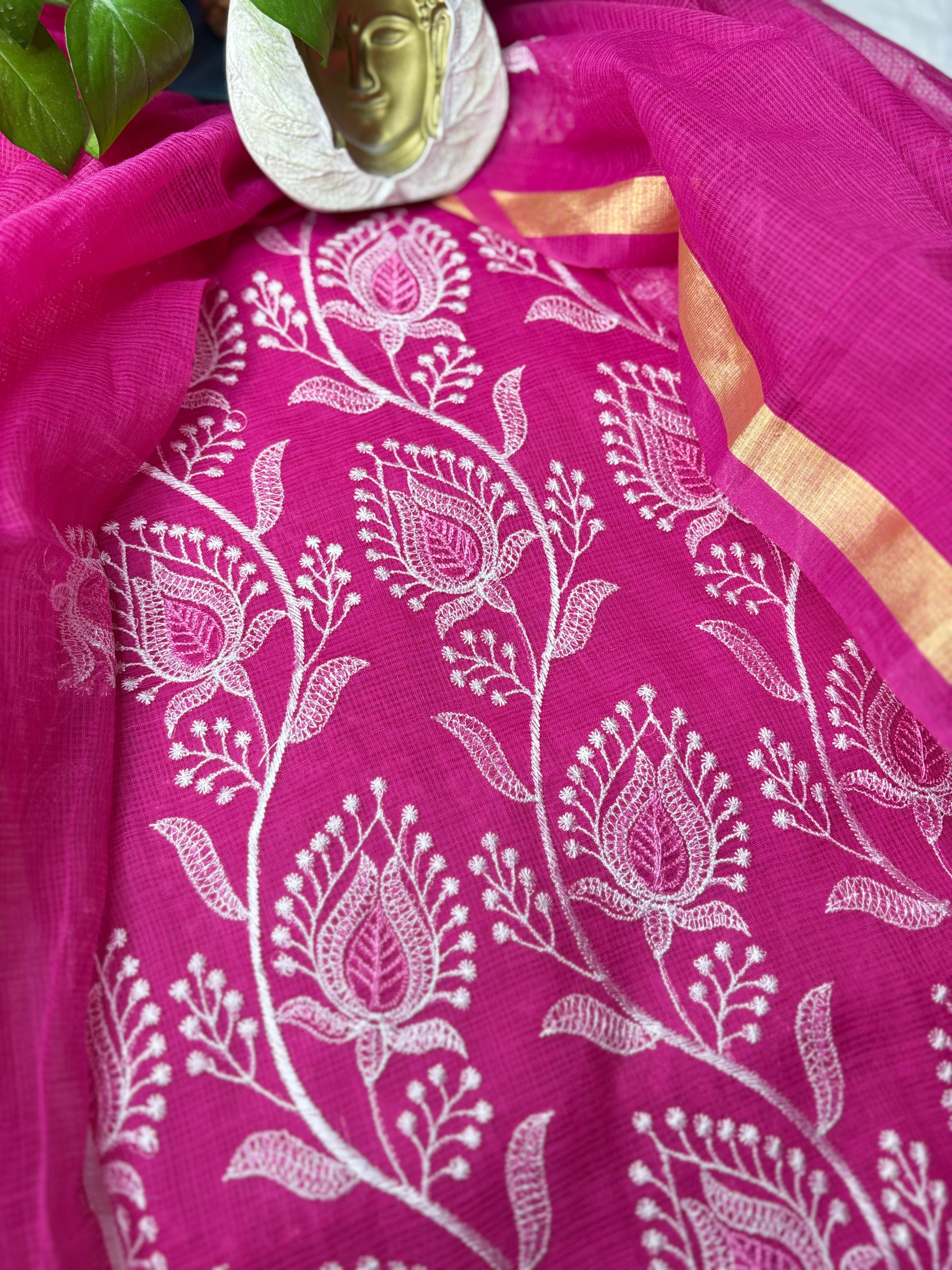 Rajyalakshmi- Kota Doriya Embroidery Work Suit In  Rani pink