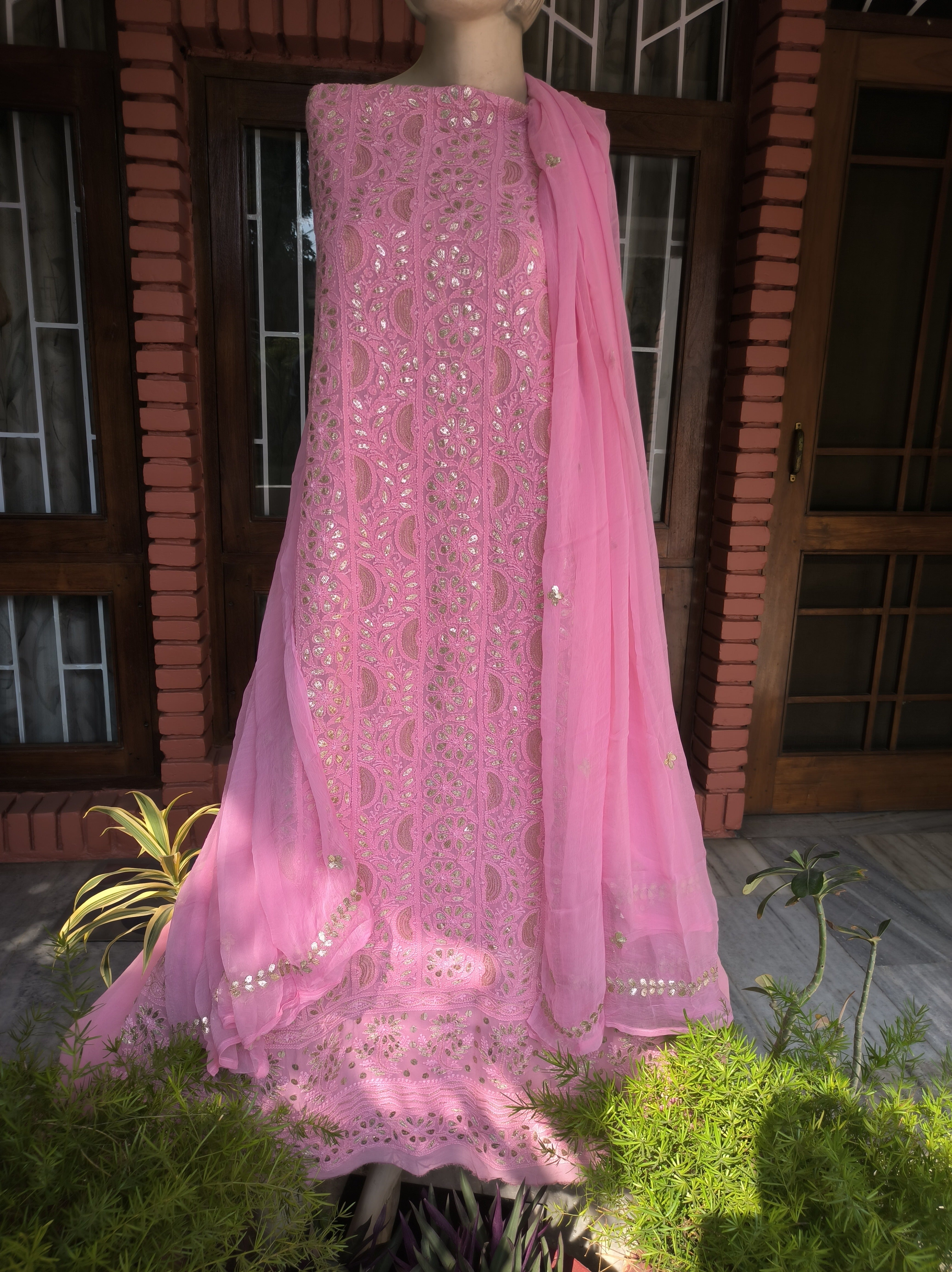 Pink Lucknowi Chikankari Gota Patti Salwar Suit(Dress Material)