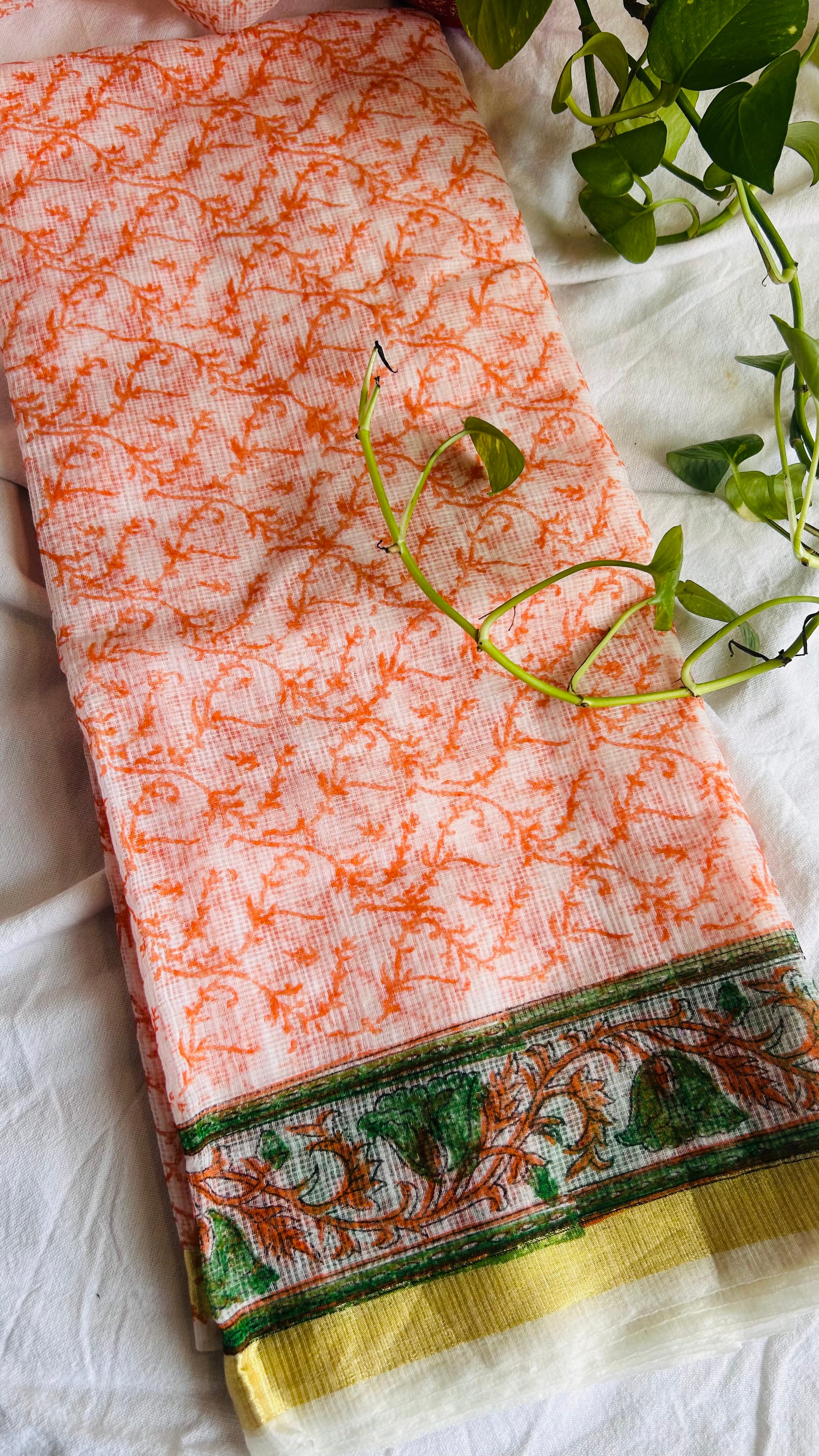 Summer Look Kota Doria Hand Block Print Suit In Peach (unstitched)