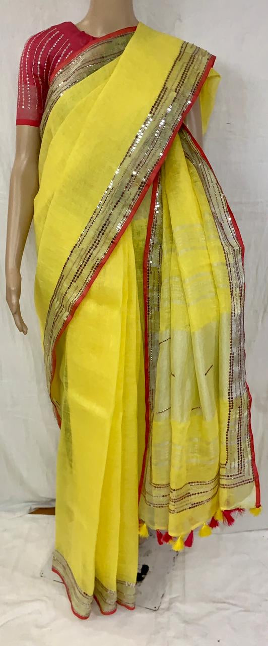Linen Embroidery Saree In Lemon Yellow