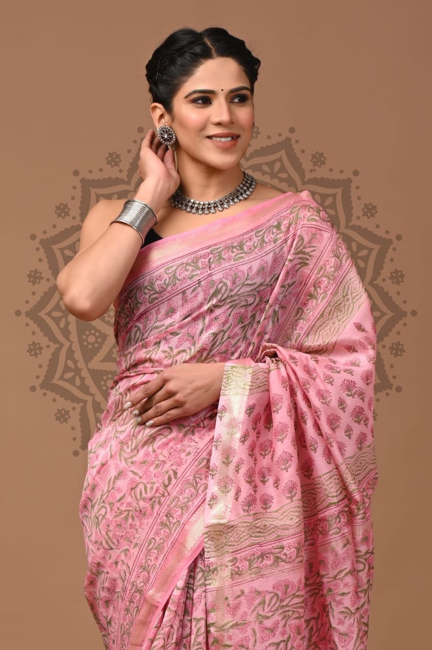 Pink Maheshwari Bagru Print Saree