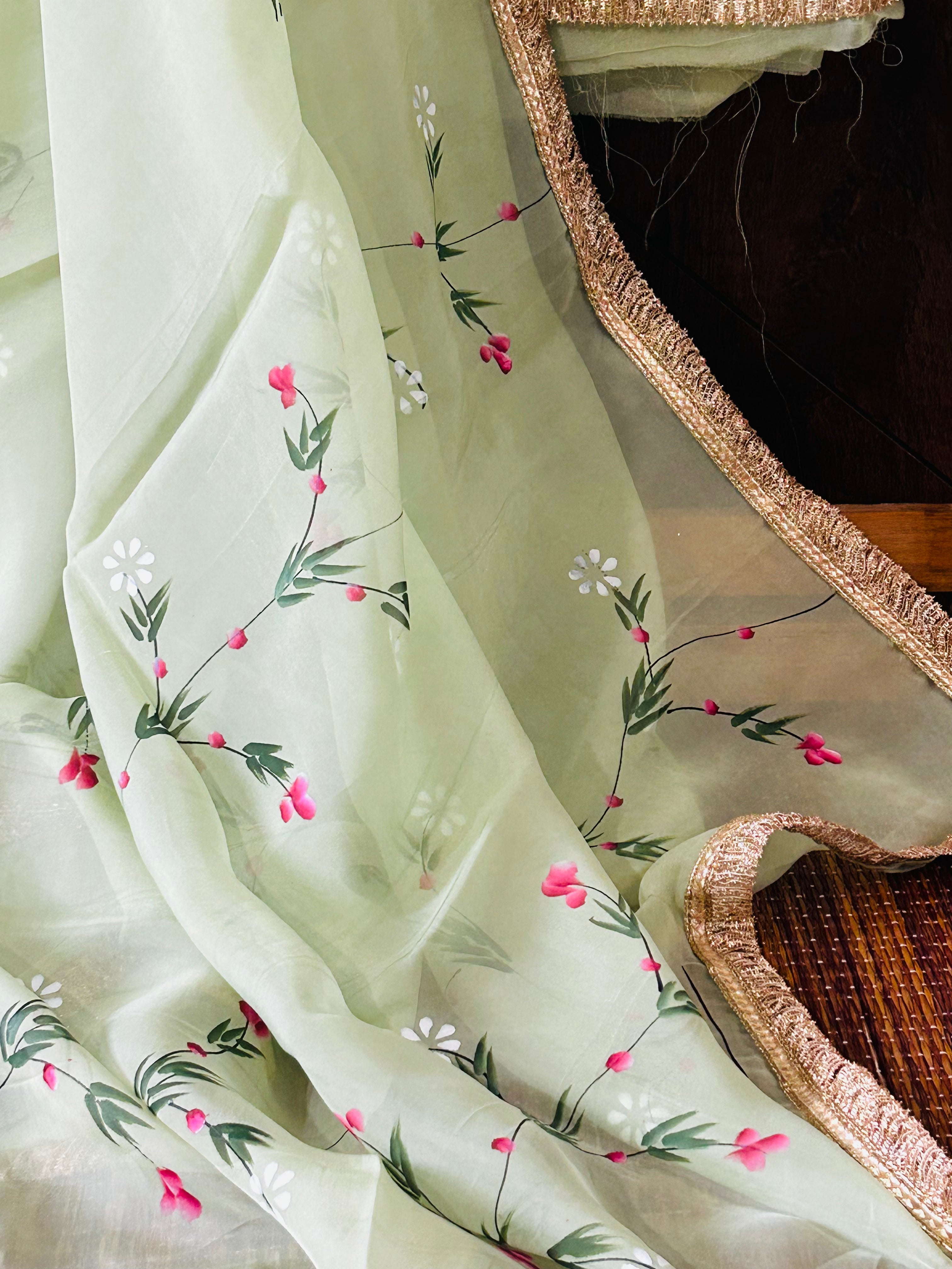 Green Organza Handpainted Salwar Suit