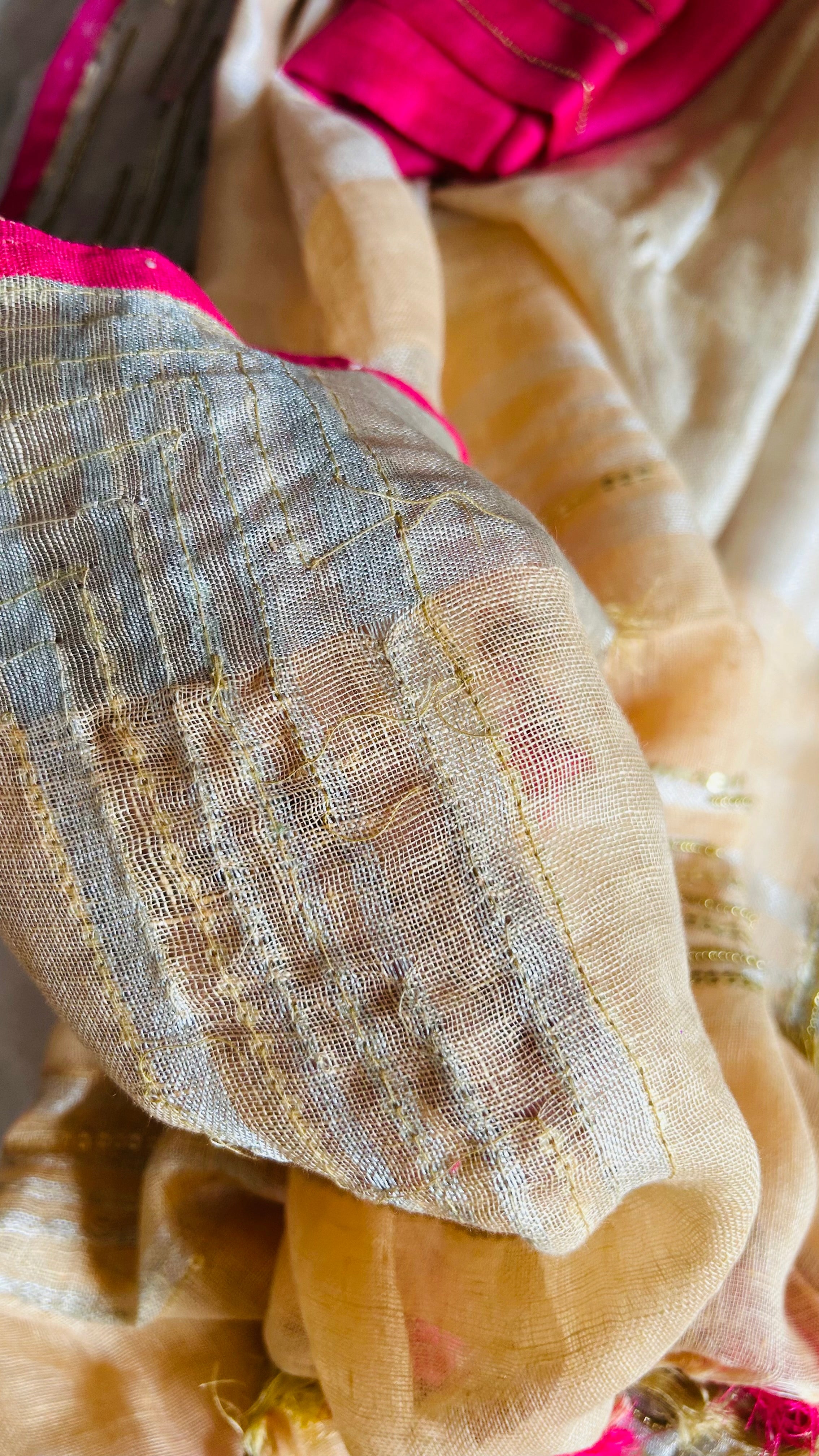 Light Peachish Orange  Linen Sequence Embroidered Saree