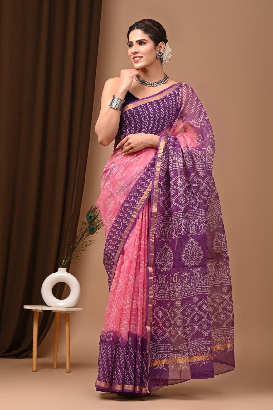 Trending Lavender Purple Kota Doria Traditional Print Saree