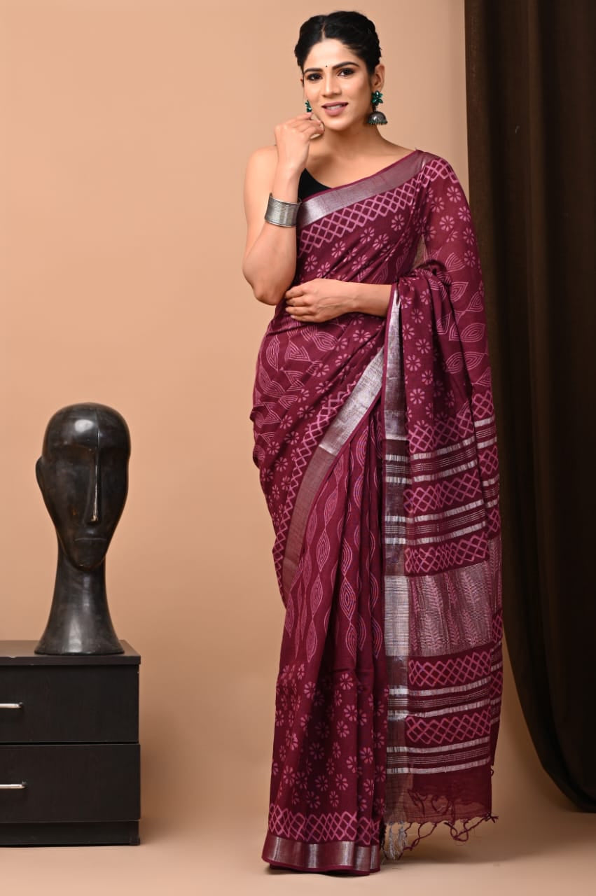 Maroon  Colour Pure Linen Saree