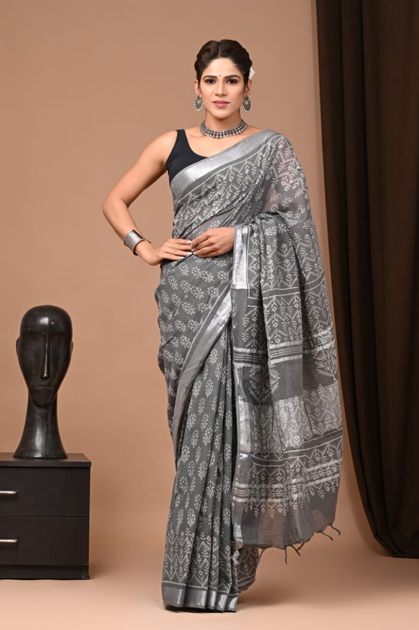 Gray Pure Linen Saree