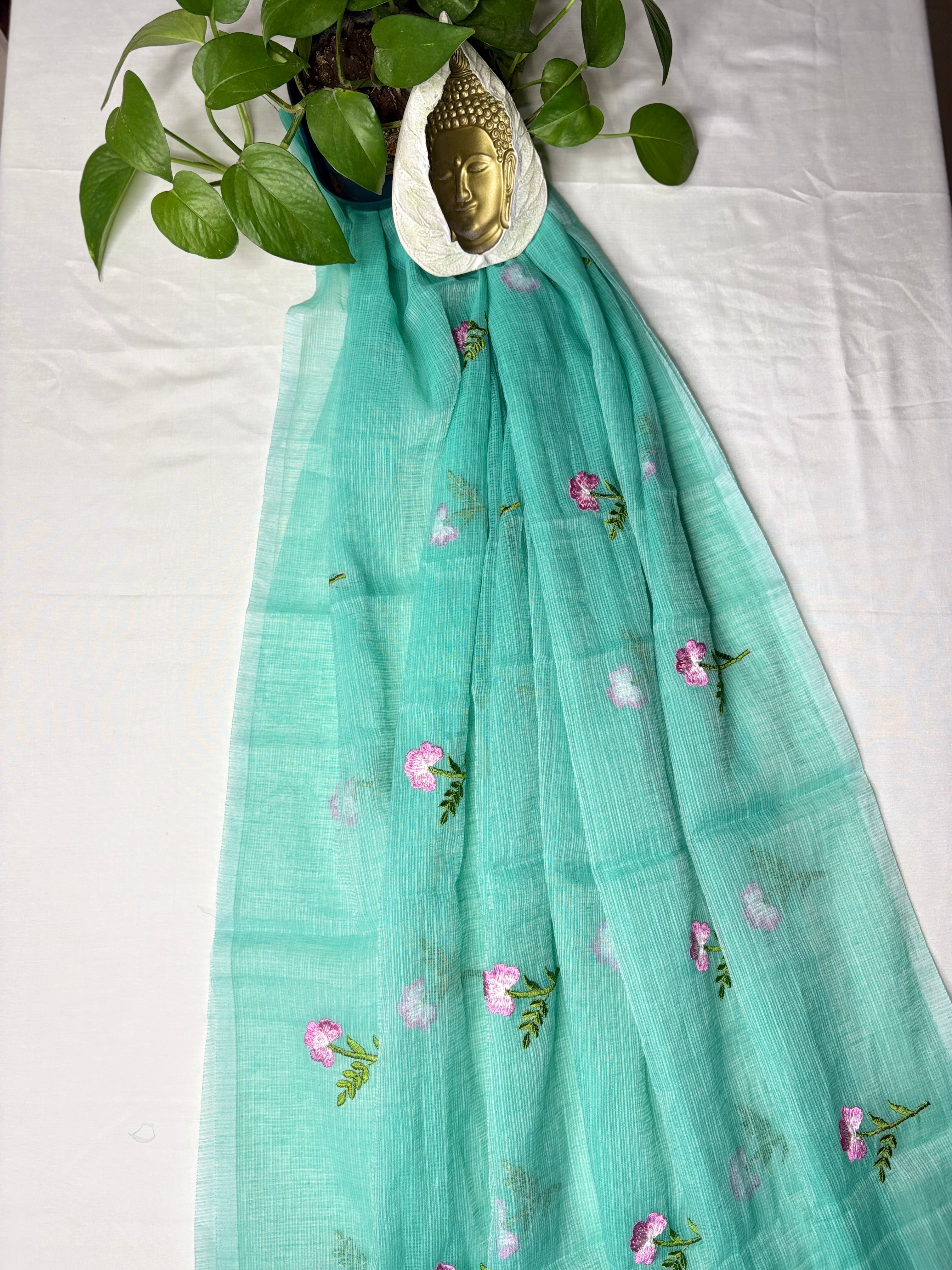 Roopsundari- Kota Doria Embroidered Suit Set In Sea Blue