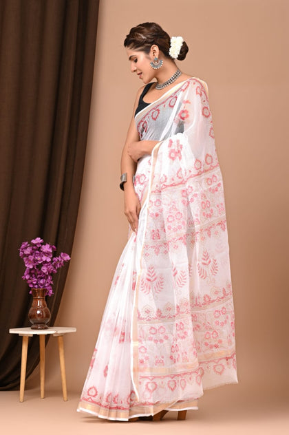 Cream Colored Kota Doria Chickenkari Embroidery Saree With Contrast Printed Blouse