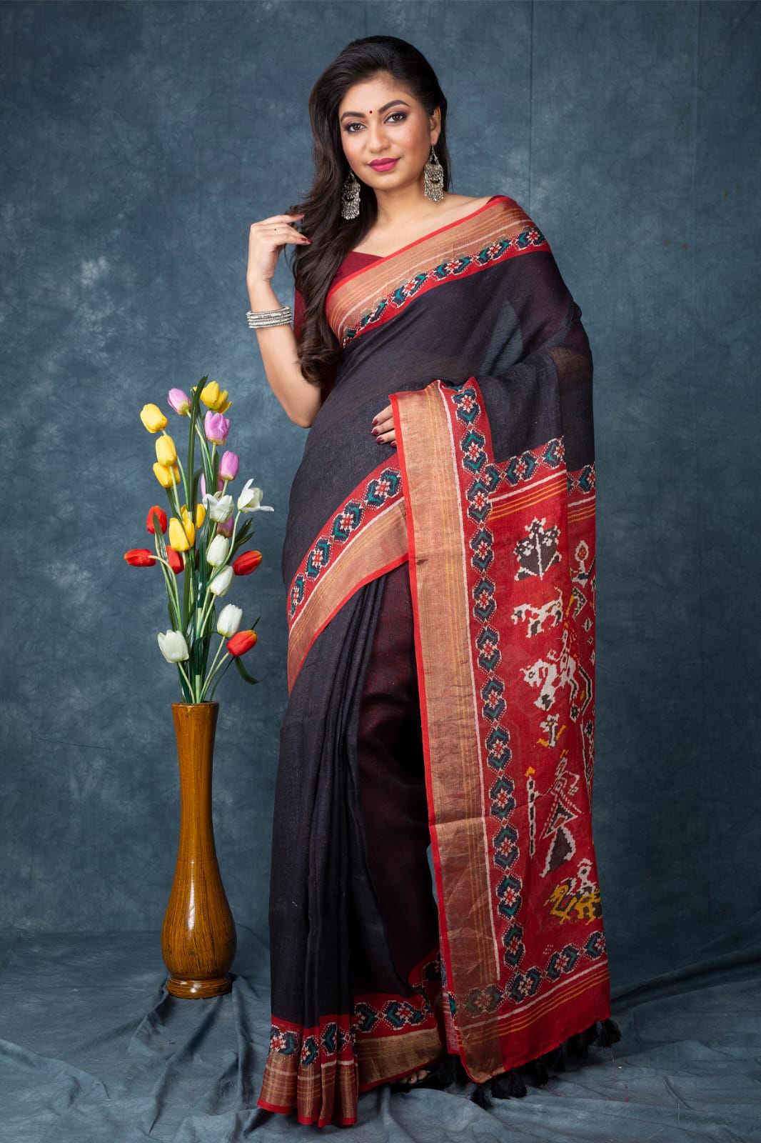 Black and Red  pure linen saree with blouse