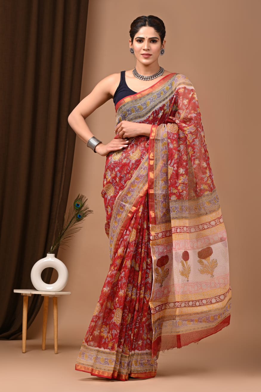 Trending Red Kota Doria Traditional Print Saree