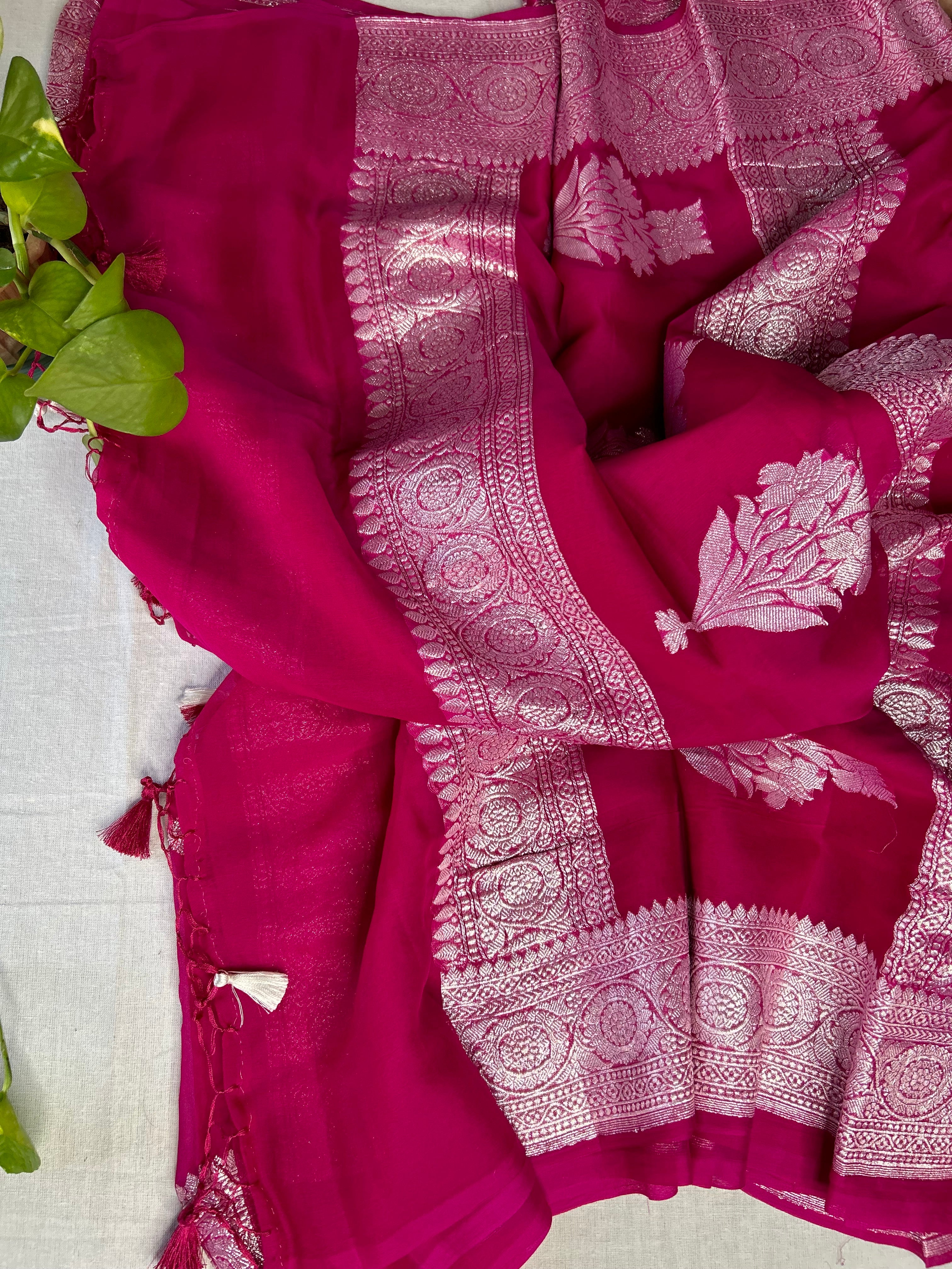 Hot Pink Khaddi Banarasi Chiffon Saree