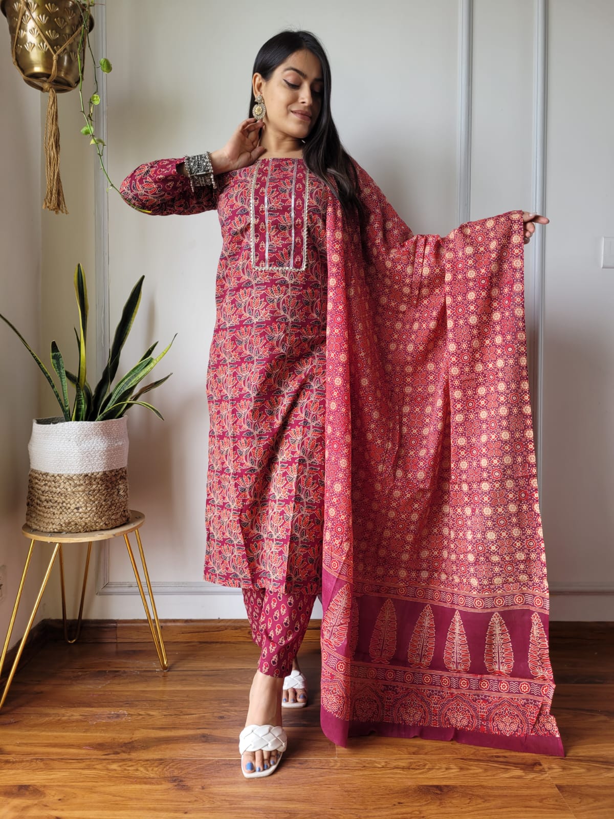 Maroon Block Print Suit Set With Dupatta