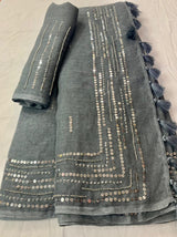 Grey Pure Linen Saree With Embroidery