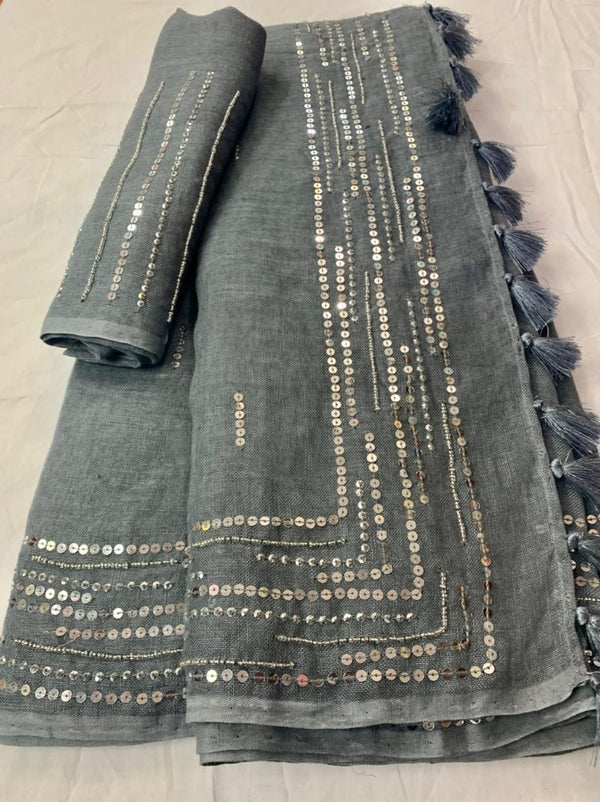 Grey Pure Linen Saree With Embroidery