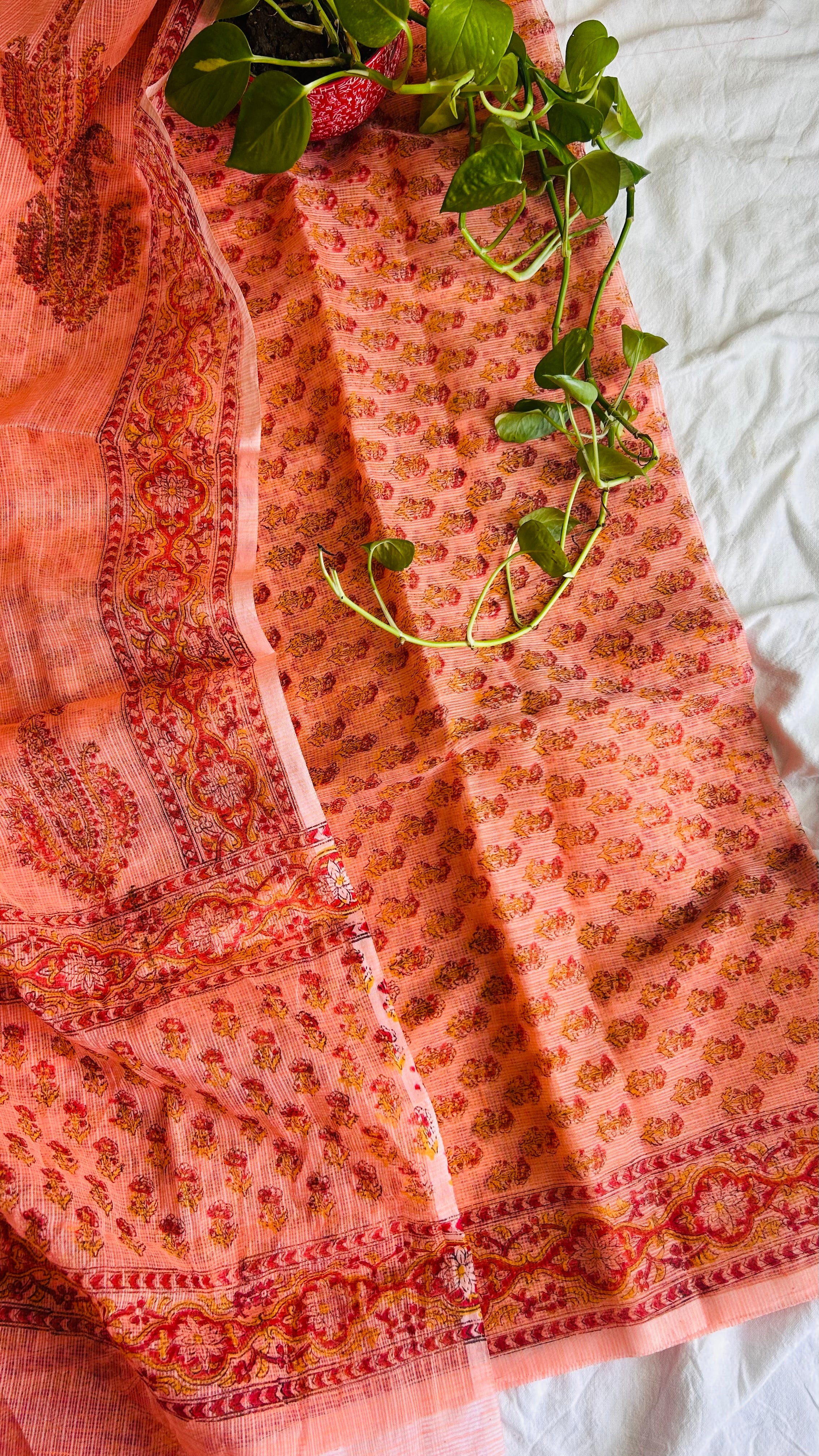 Summer Look Kota Doria Hand Block Print Suit In Peach(unstitched)