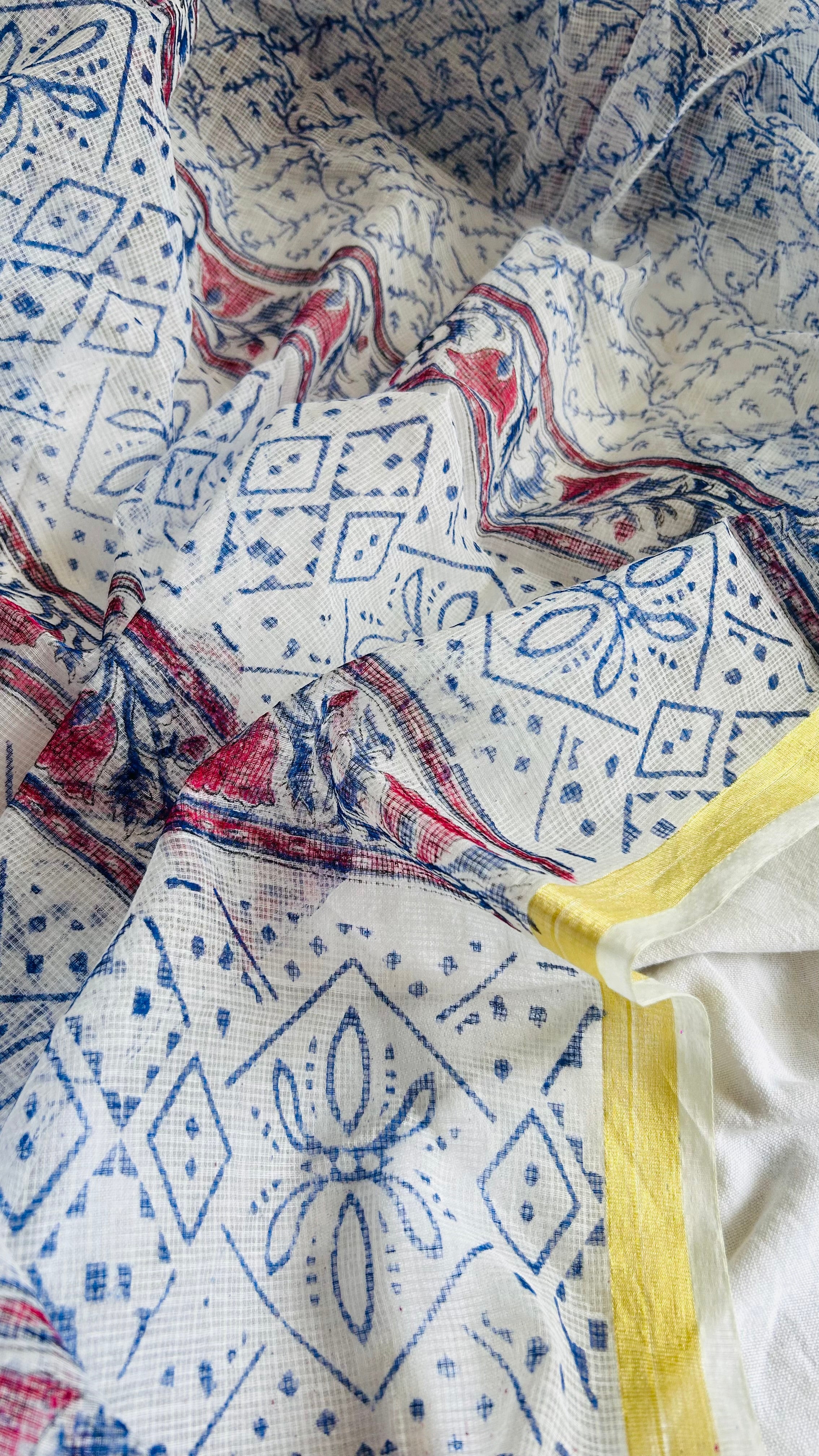 Summer Look Kota Doria Hand Block Print Suit In Blue (unstitched)