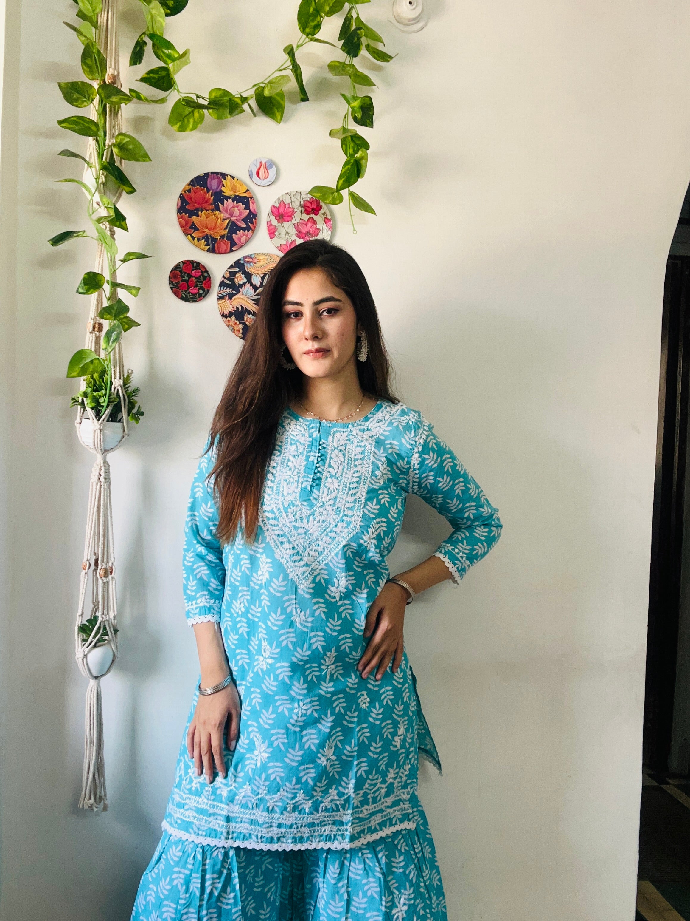 Sky Blue Floral Lucknowi Cotton Chikankari Sharara Set