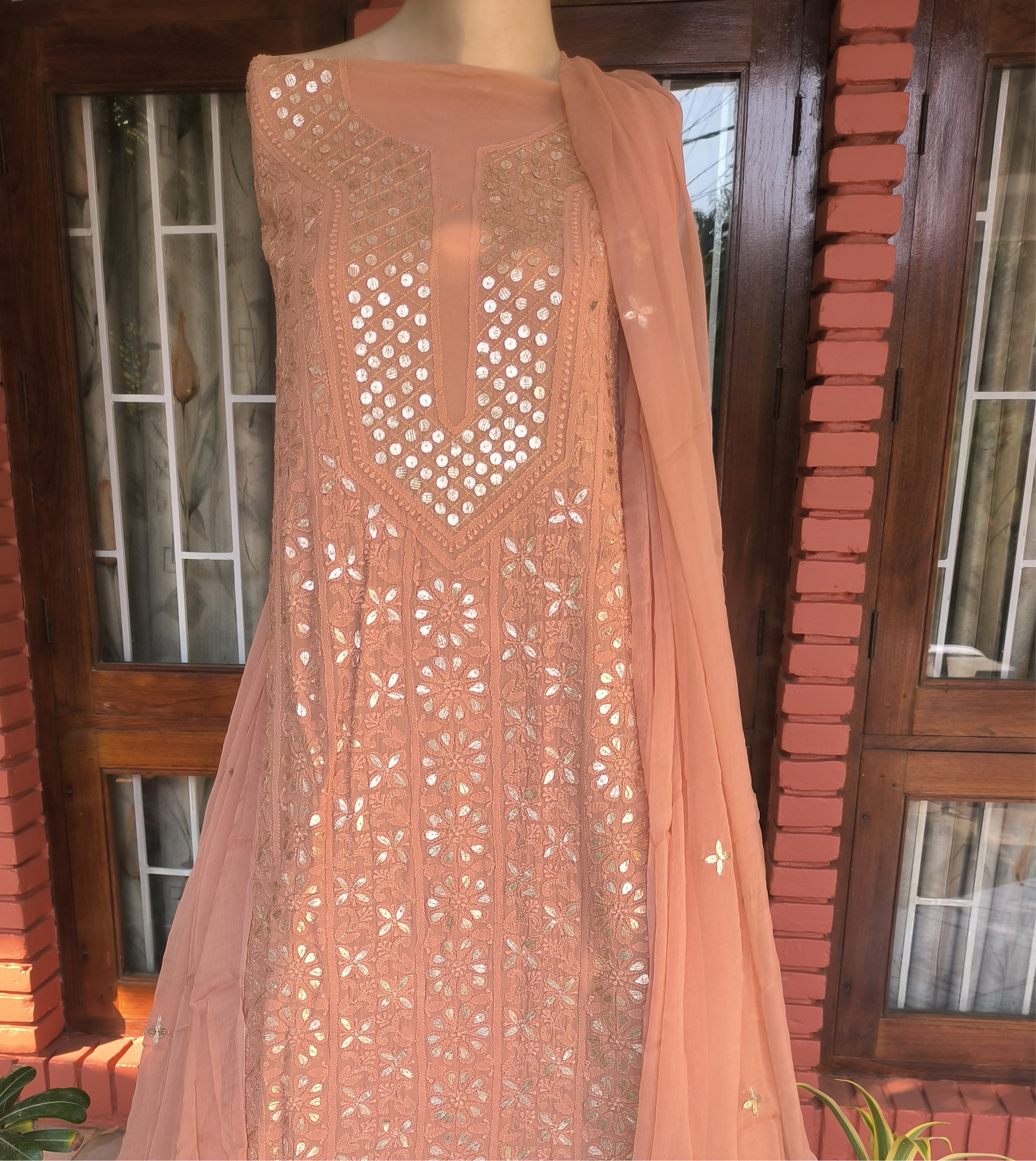 Peach Lucknowi Chikankari Gota Patti Salwar Suit(Dress Material)