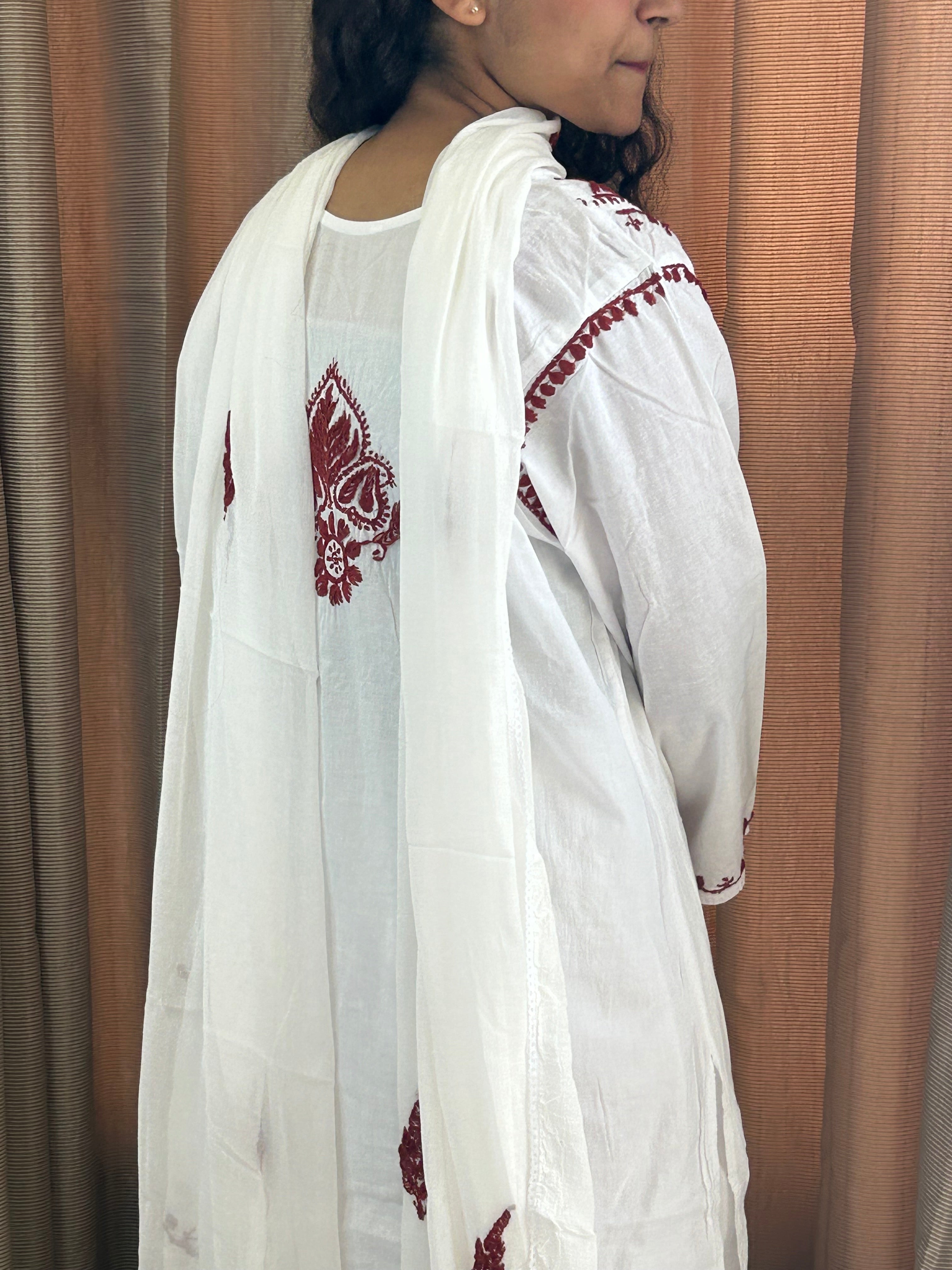 Sahiba White Chikankari cotton Kurti With Pant and Dupatta