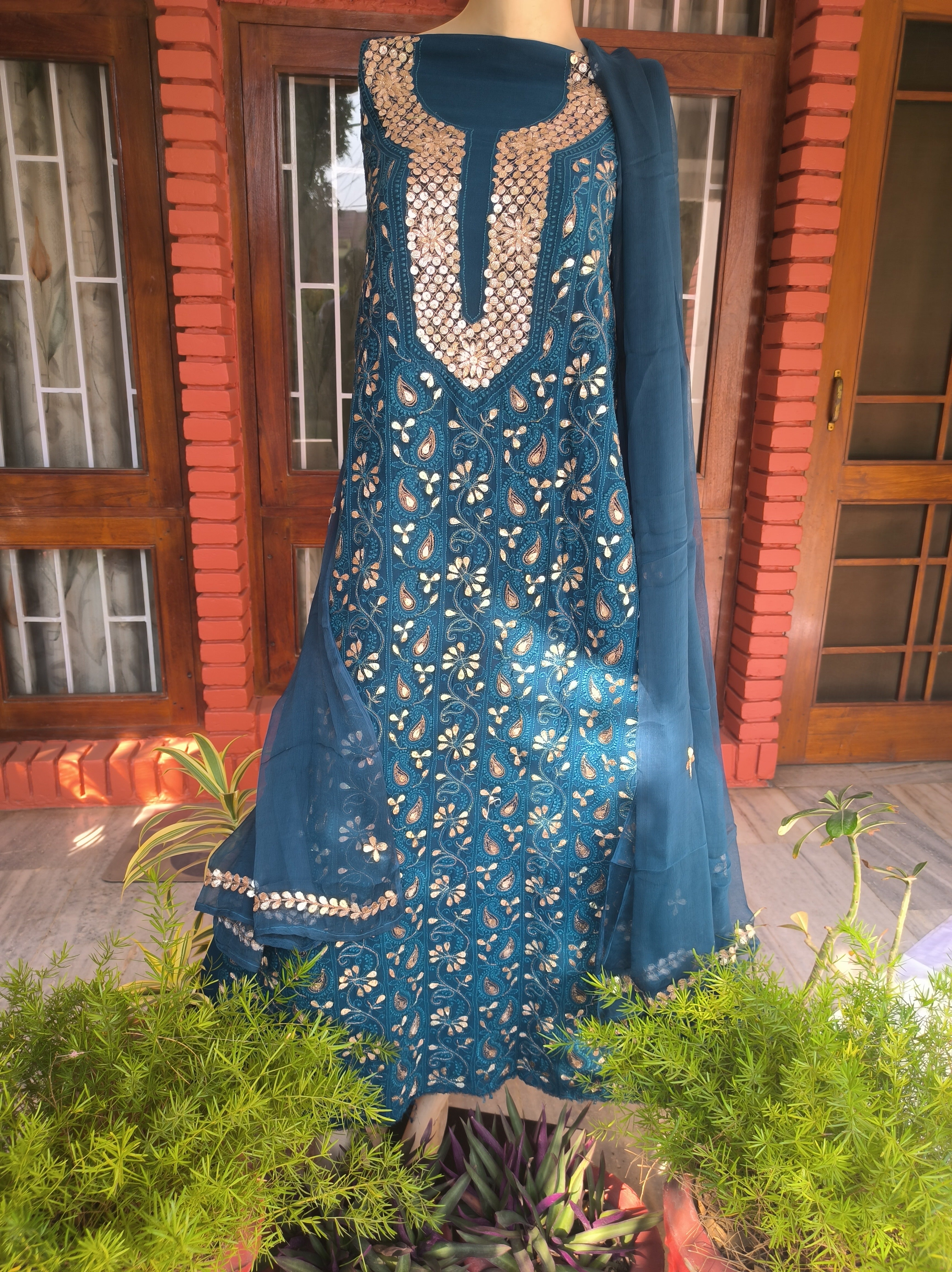 Blue Lucknowi Chikankari Gota Patti Salwar Suit(Dress Material)