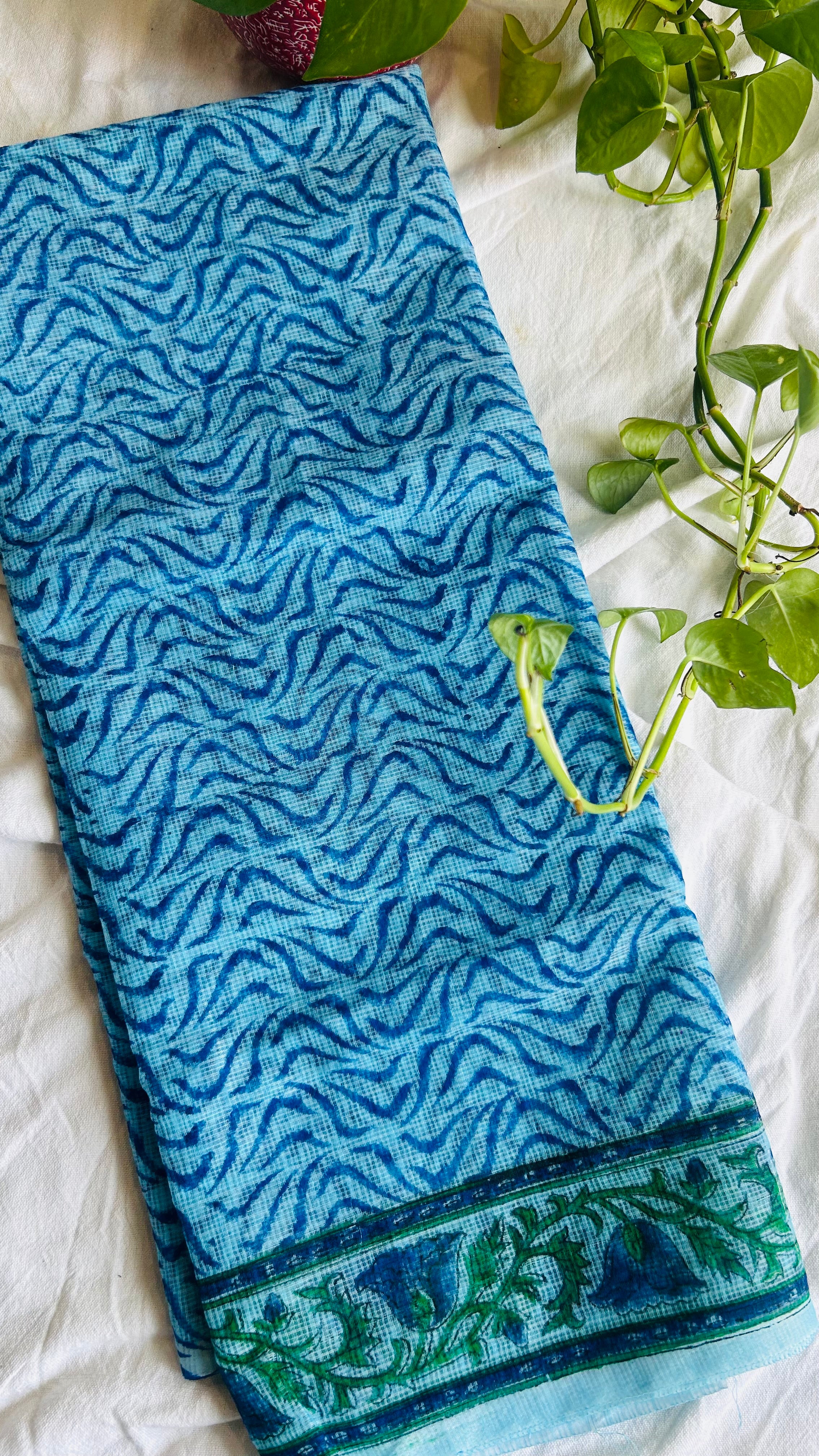 Summer Look Kota Doria Hand Block Print Suit In Blue (unstitched)