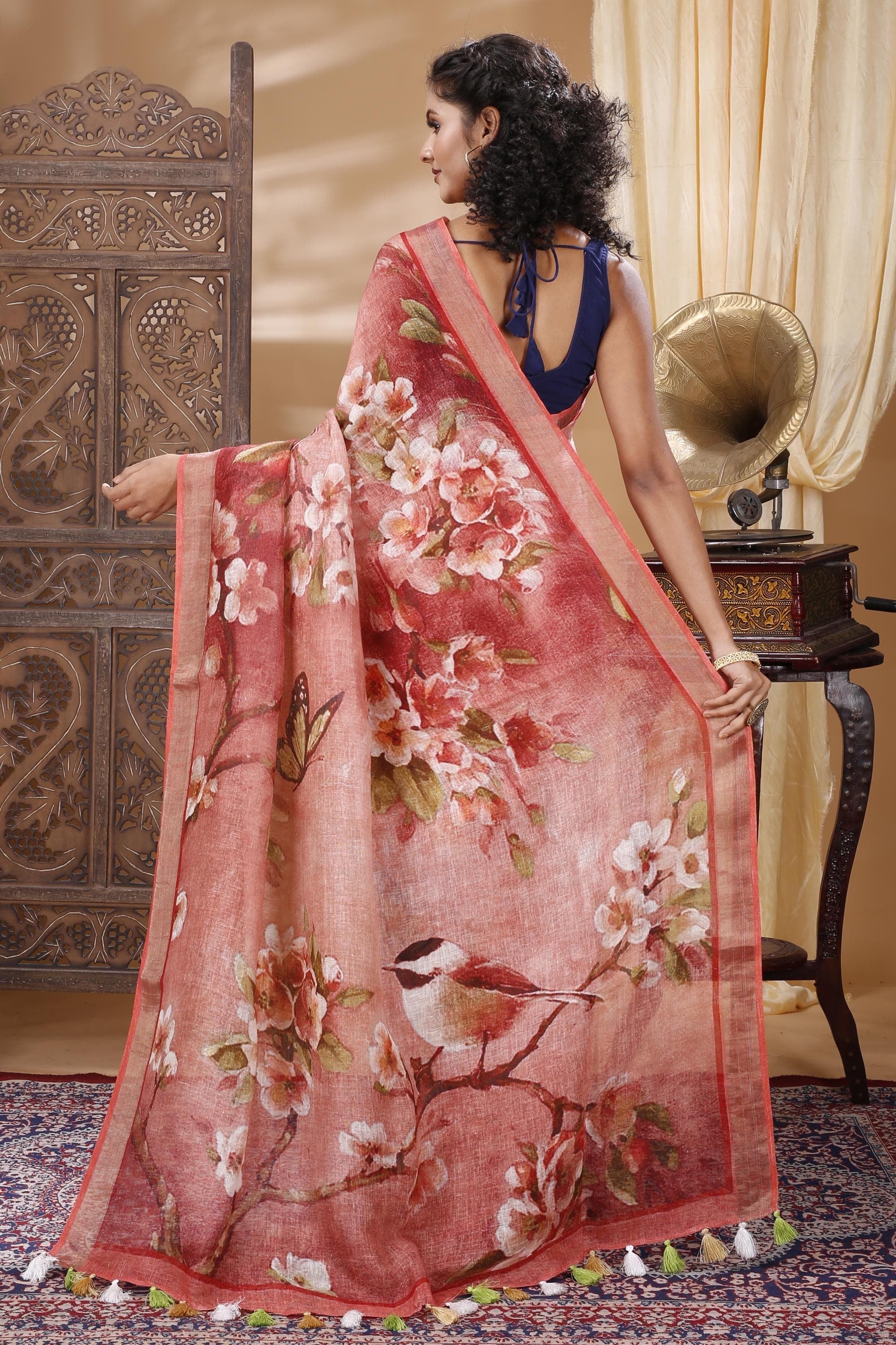 Sober Look Floral Linen Saree Premium