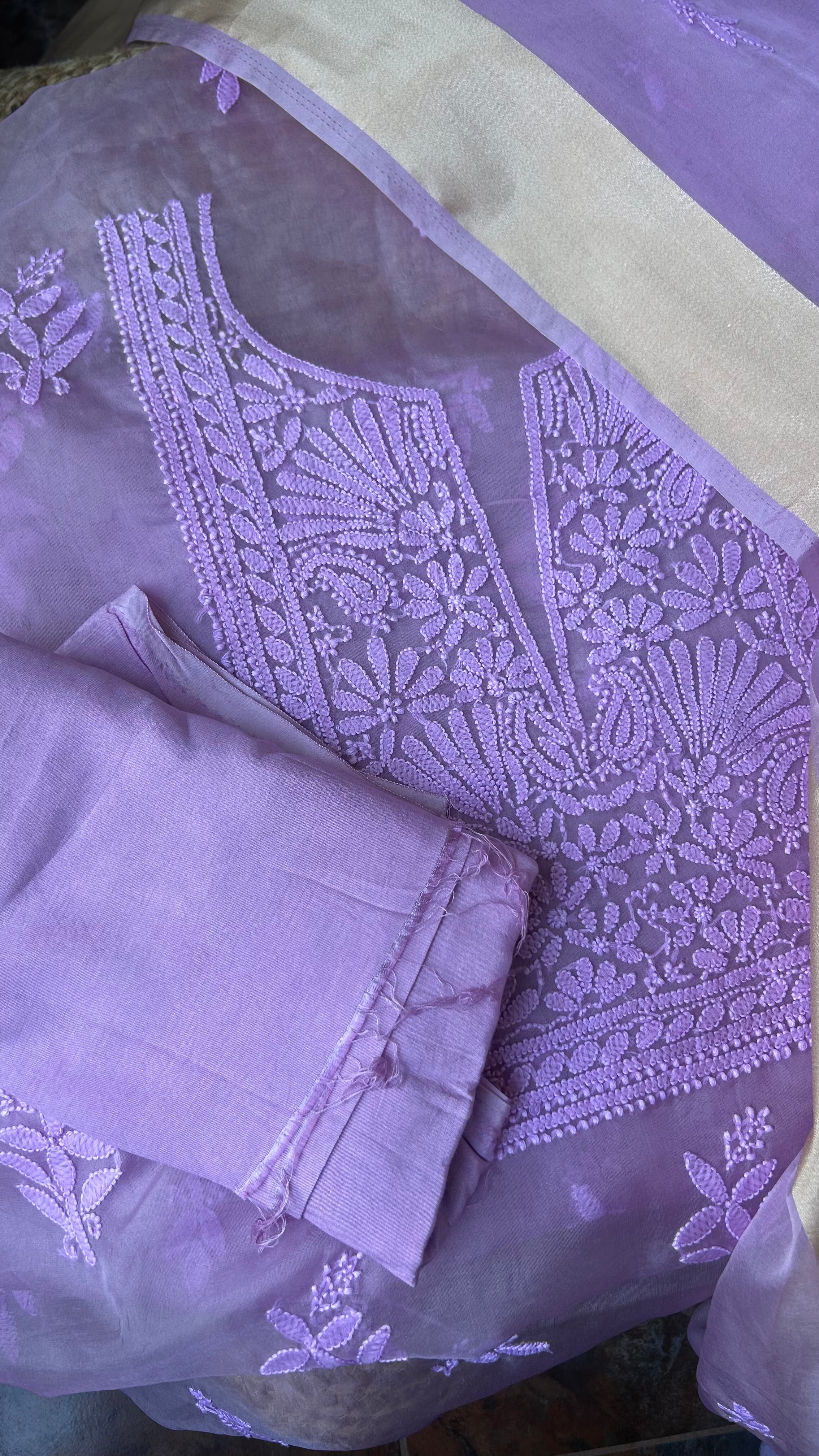 Lavender Purple Chikan work Organza Salwar Suit fabric