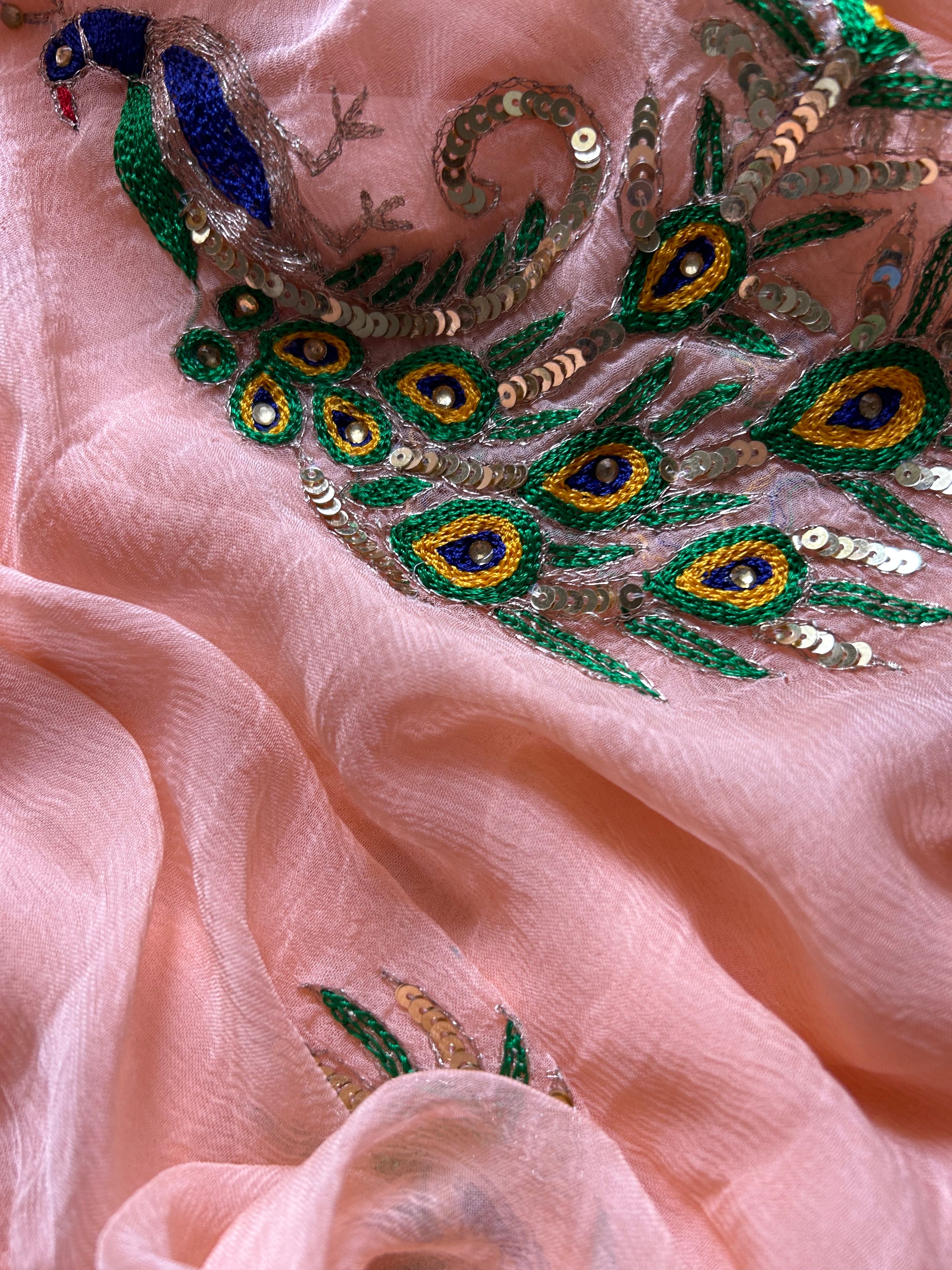 Rajputi Chiffon Handwork Sari in Peach