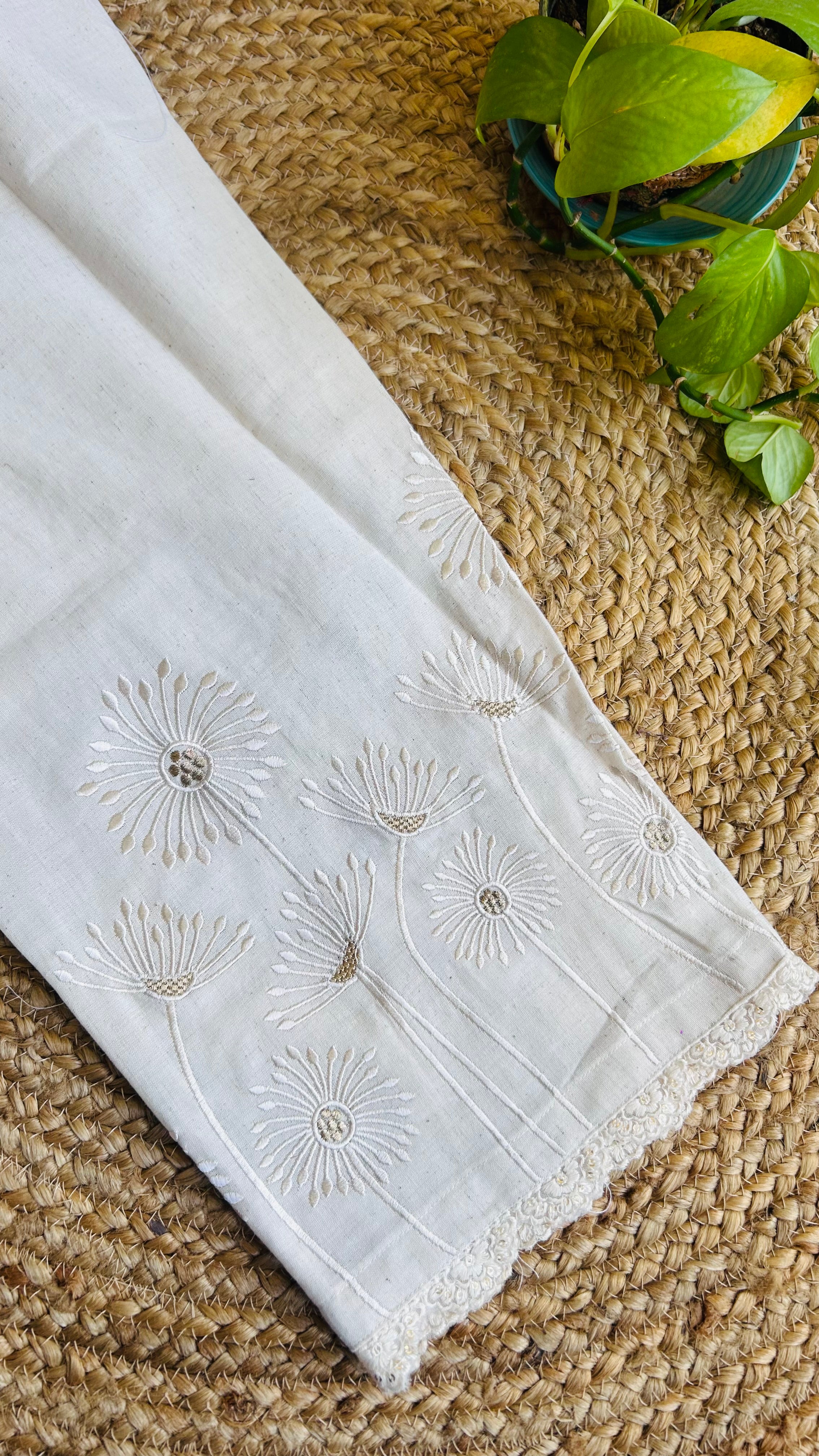 Prisha Cream Flower Embroidery Straight Pant In Cotton For Women