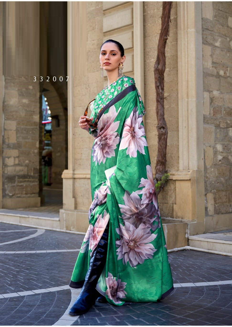 Green Satin Crape Saree With Digital Print