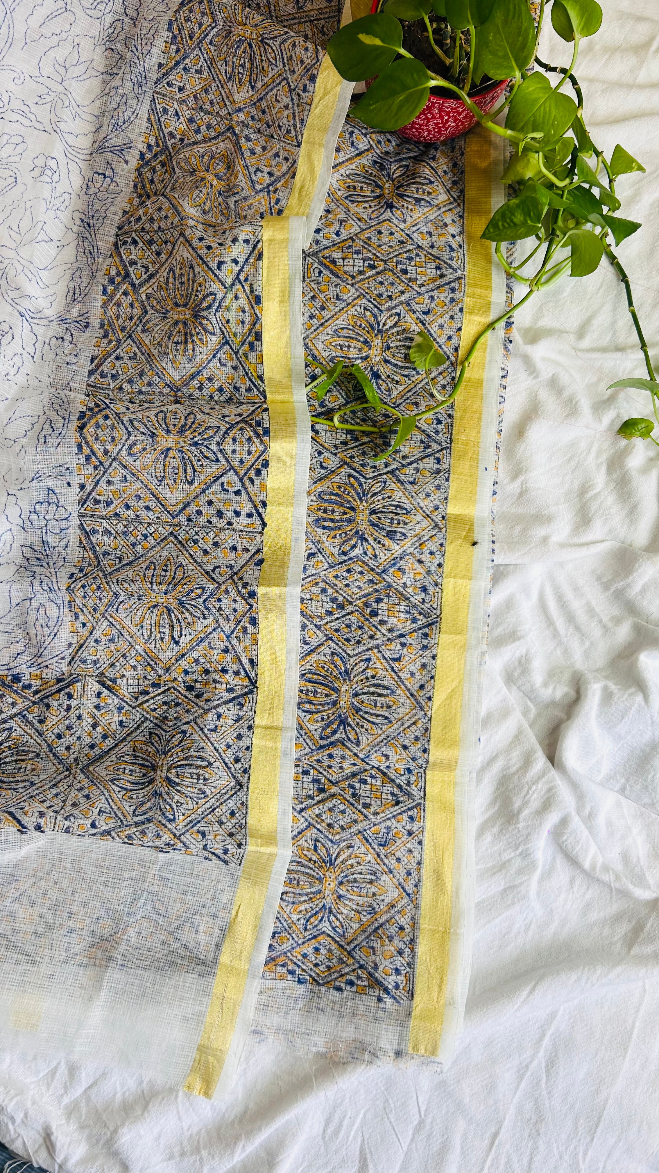 Summer Look Kota Doria Hand Block Print Suit In White (unstitched)
