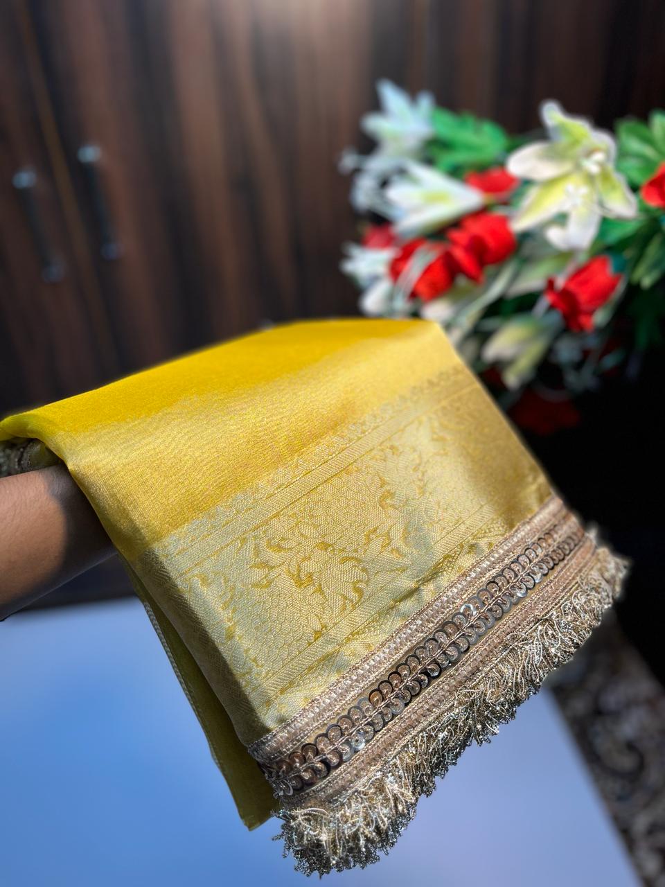 Jahnvi Kapoor Yellow Tissue Saree