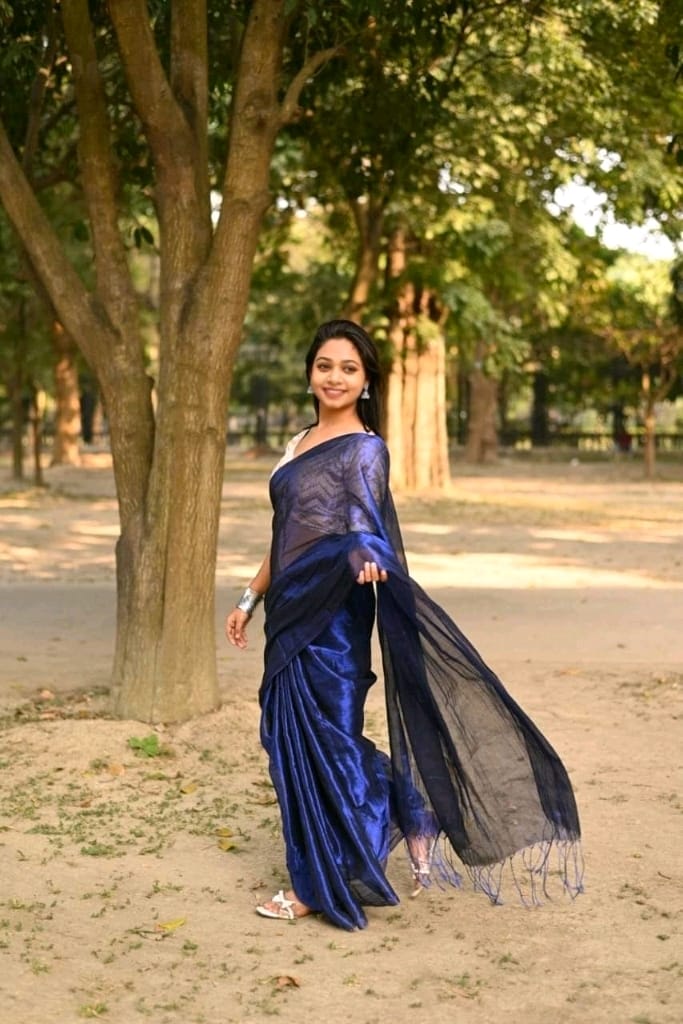 Blue Tissue Silk Saree With Blouse