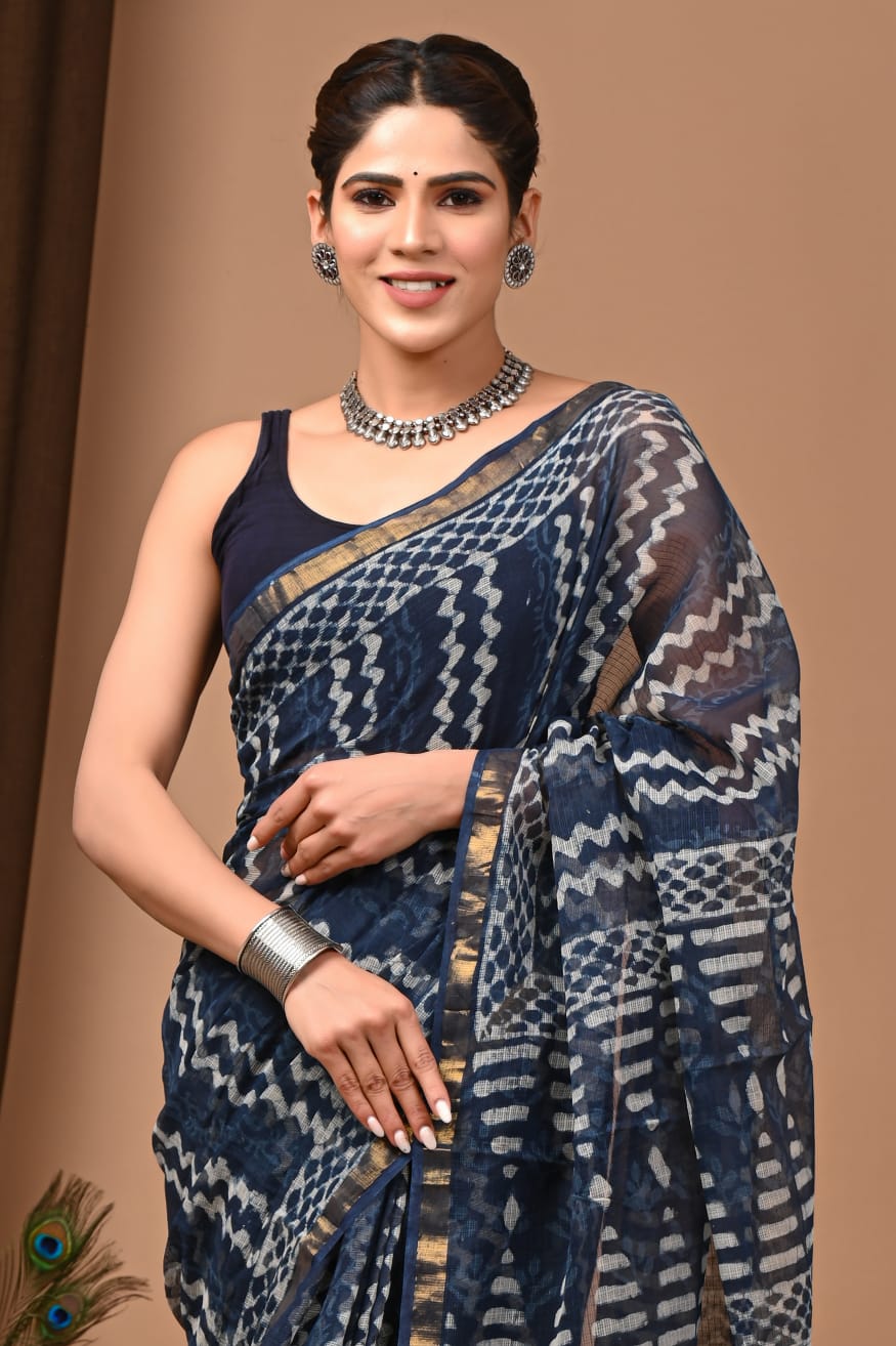 Trending Ink Blue Kota Doria Traditional Print Saree