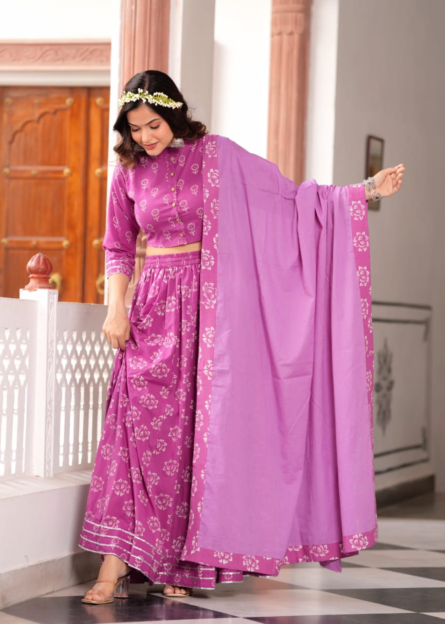 Purple  Block Print Flora lehenga choli Set