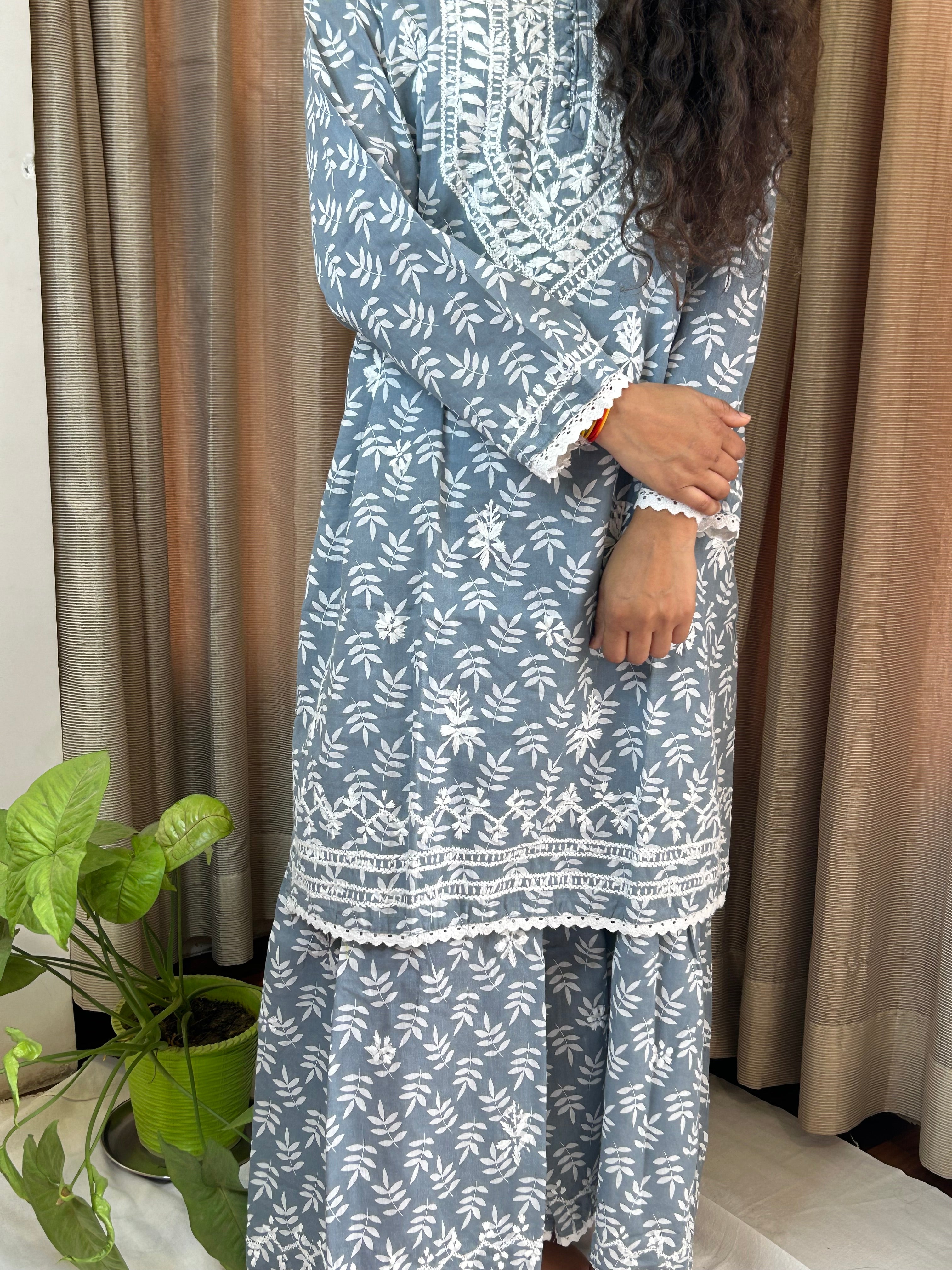 Grey Floral Lucknowi Cotton Chikankari Sharara Set