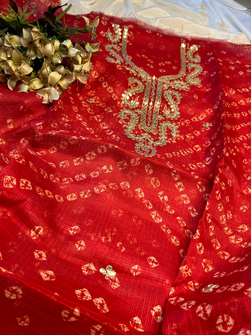 Red Bandhej Print Gota Patti Kurti
