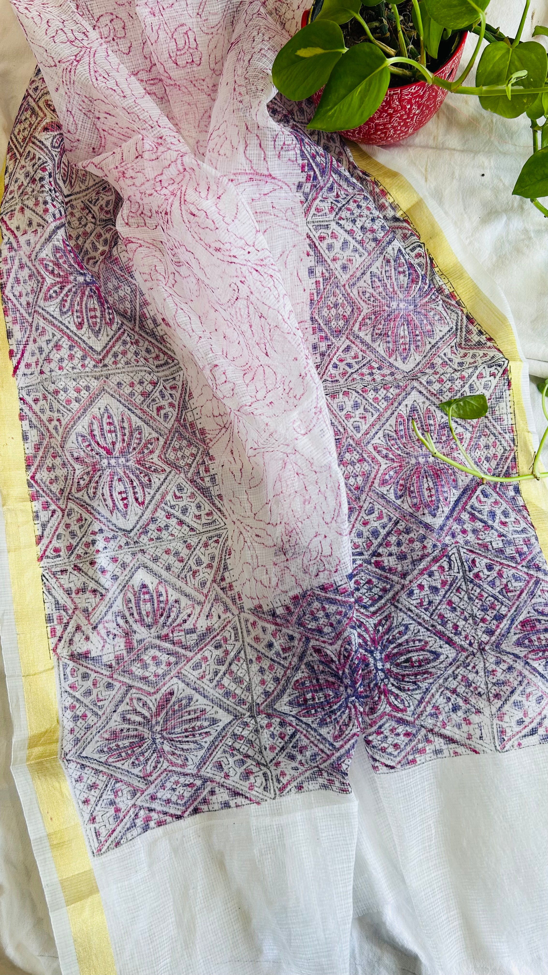 Summer Look Kota Doria Hand Block Print Suit In Pink (unstitched)