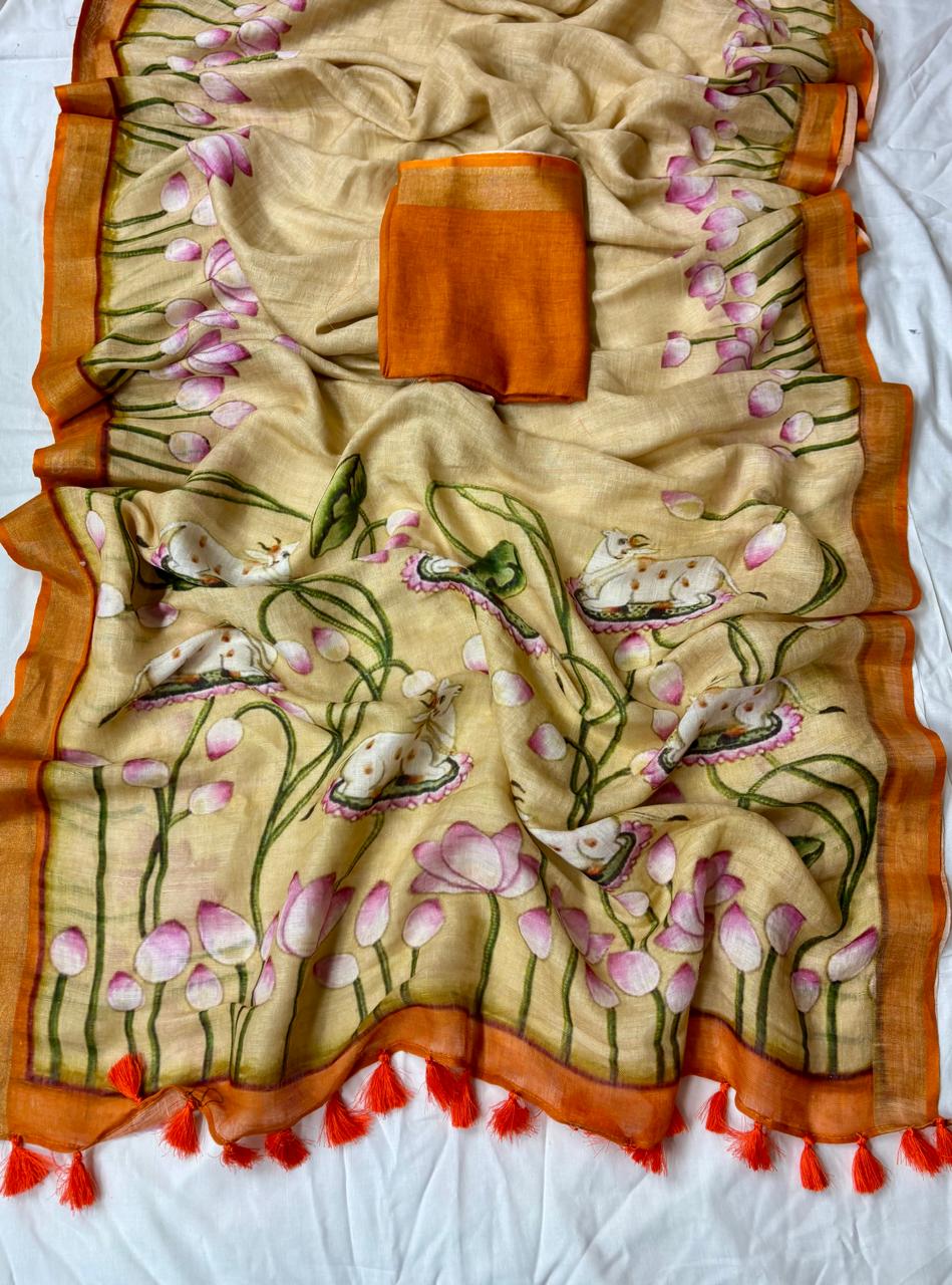 Floral Pure Linen Saree