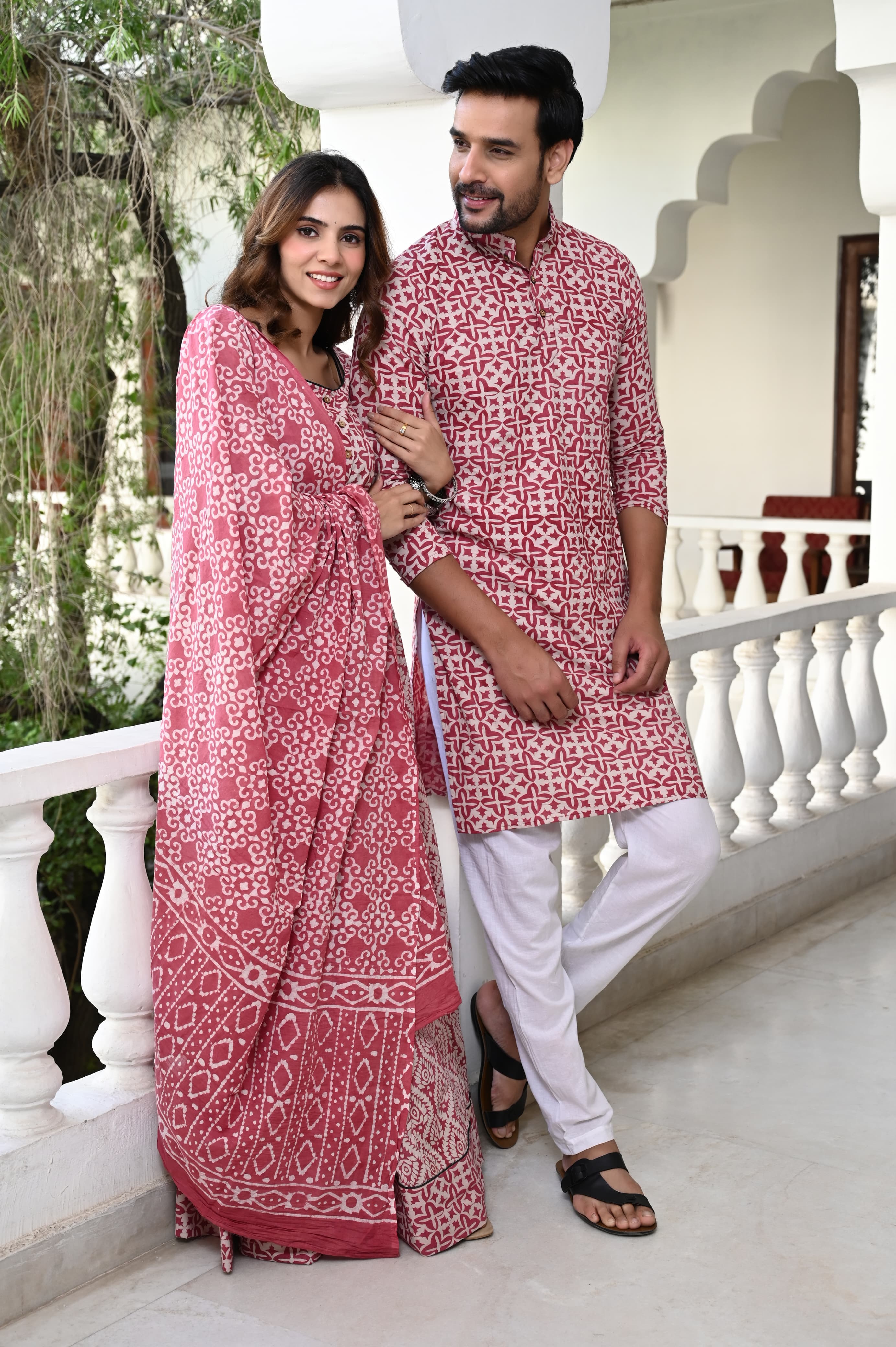 Pink Pure Cotton Twinning Couple Set In Block Print