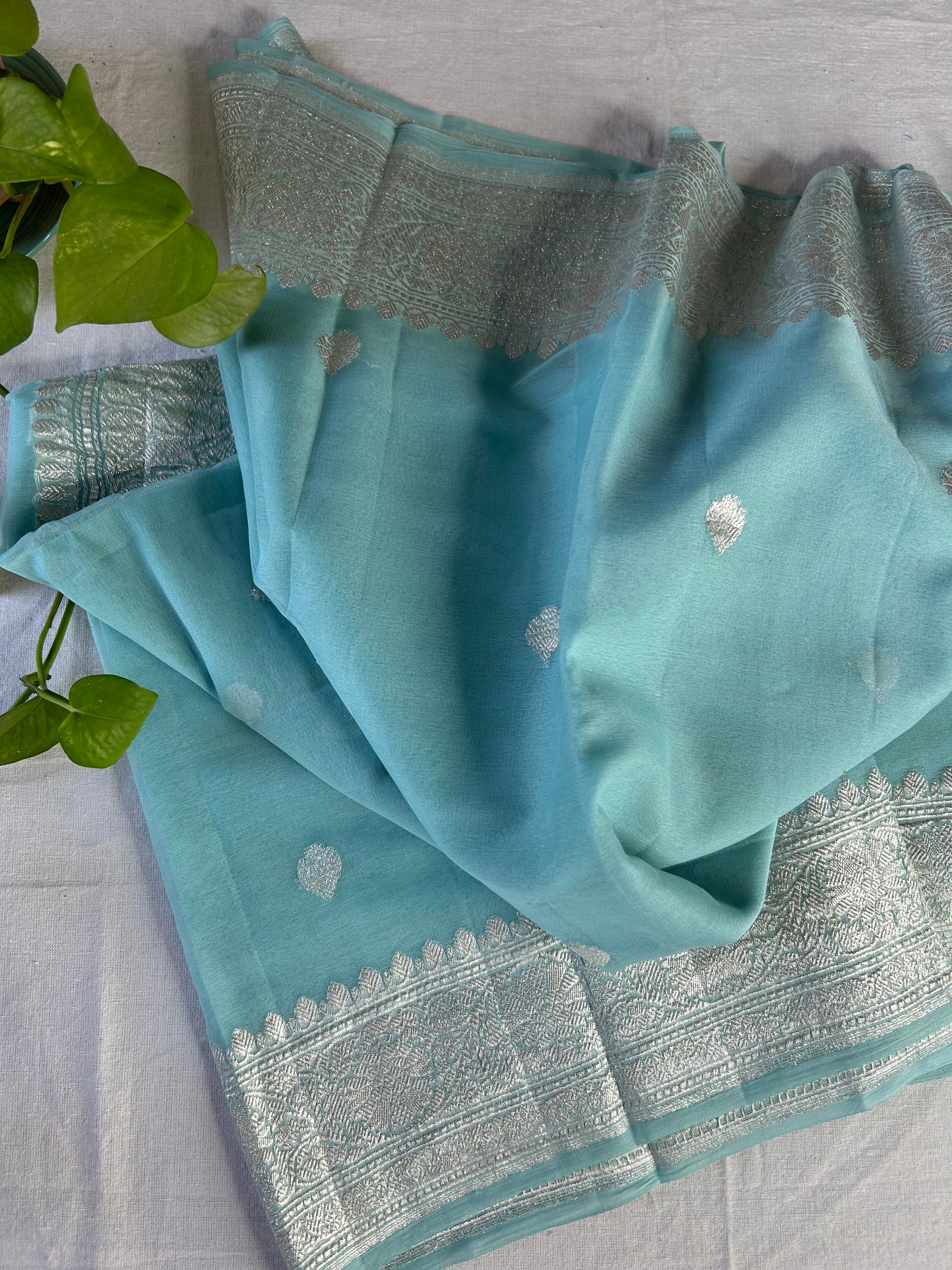 Baby Blue Blue Banarasi Khaddi Chiffon Jaal Saree