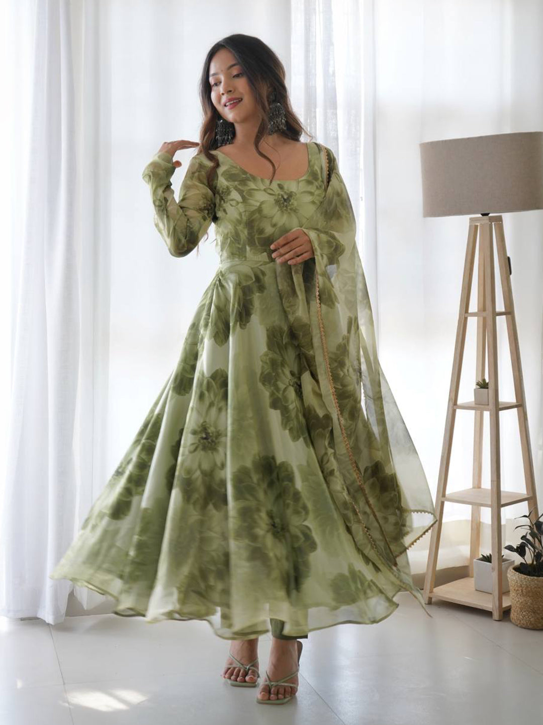 Green Floral organza anarkali gown
