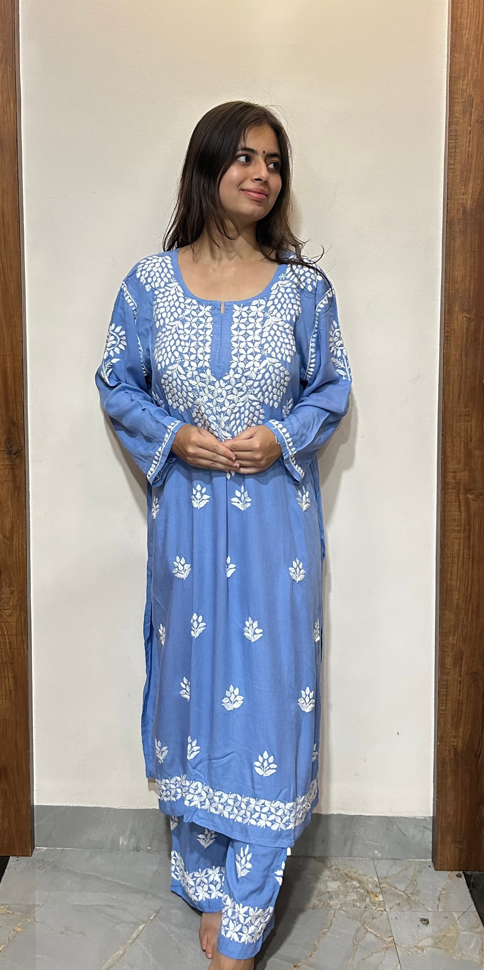 Denim Blue Chikankari Kurti Plazaao Set In Rayon