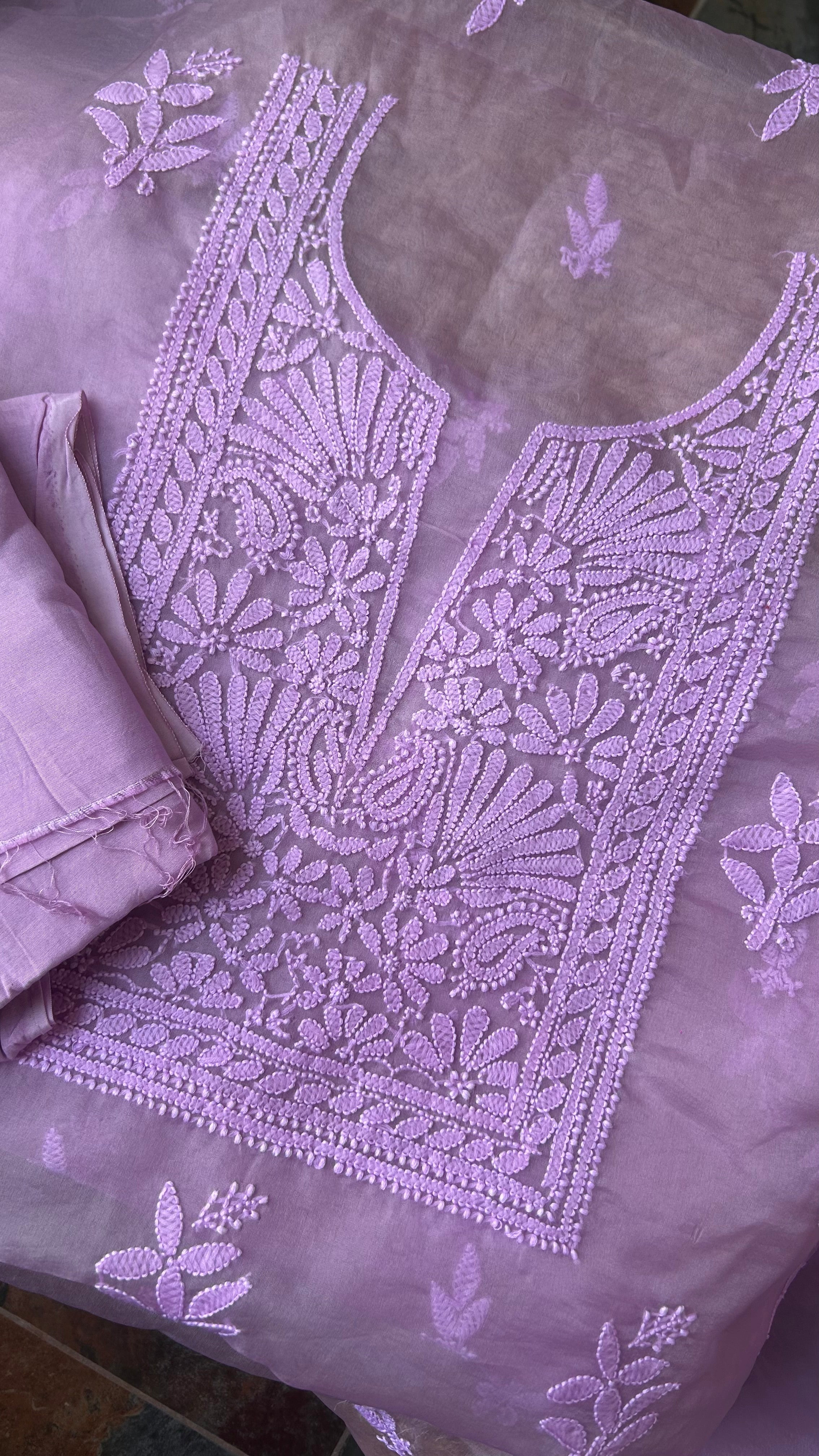 Lavender Purple Chikan work Organza Salwar Suit fabric