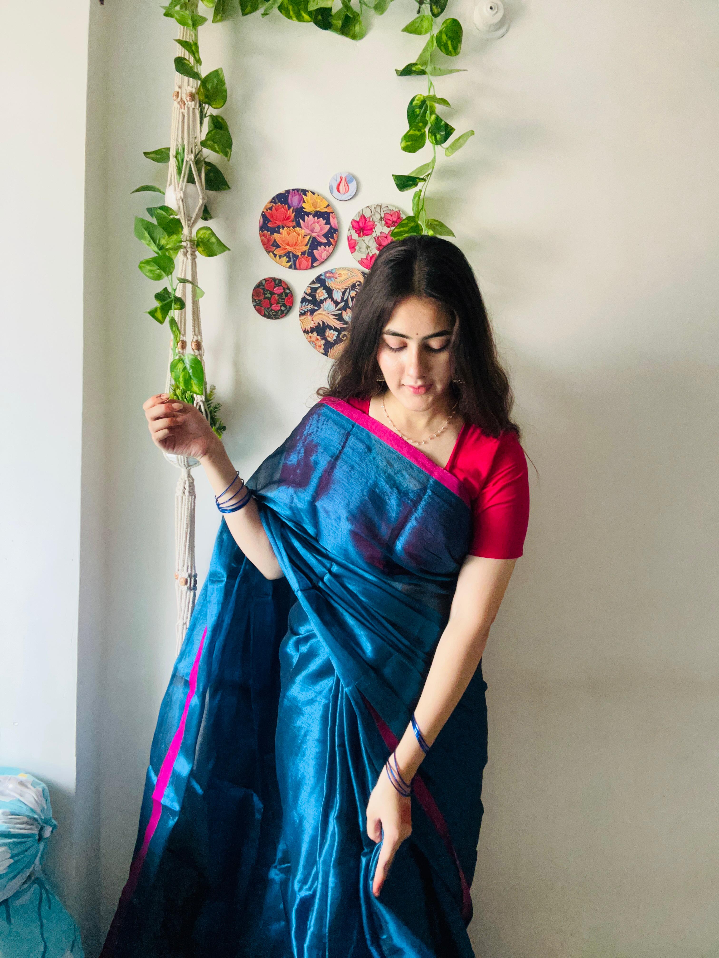 Blue Tissue Silk Saree With Blouse