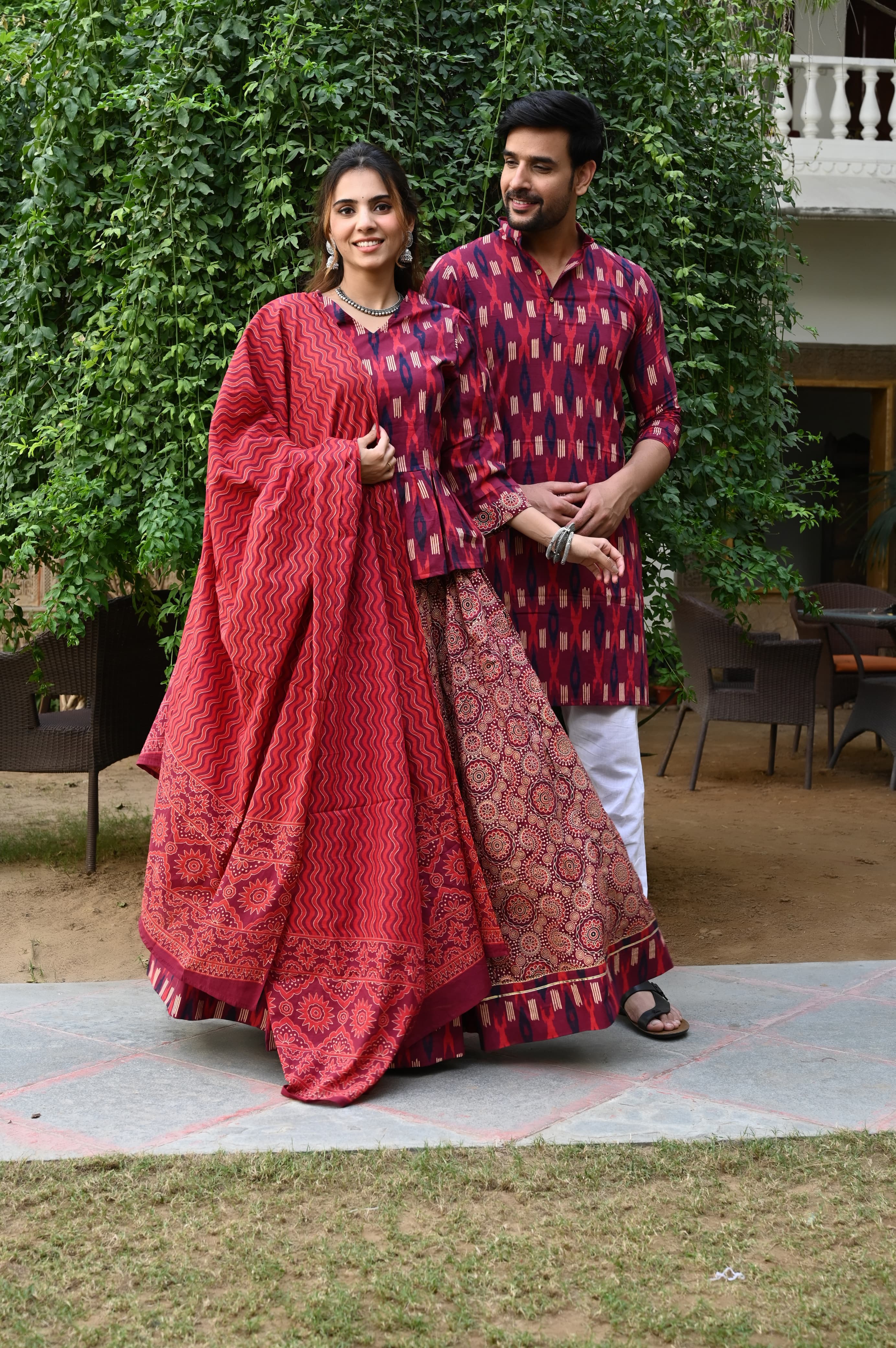 Red Pure Cotton Twinning Couple Set In Block Print