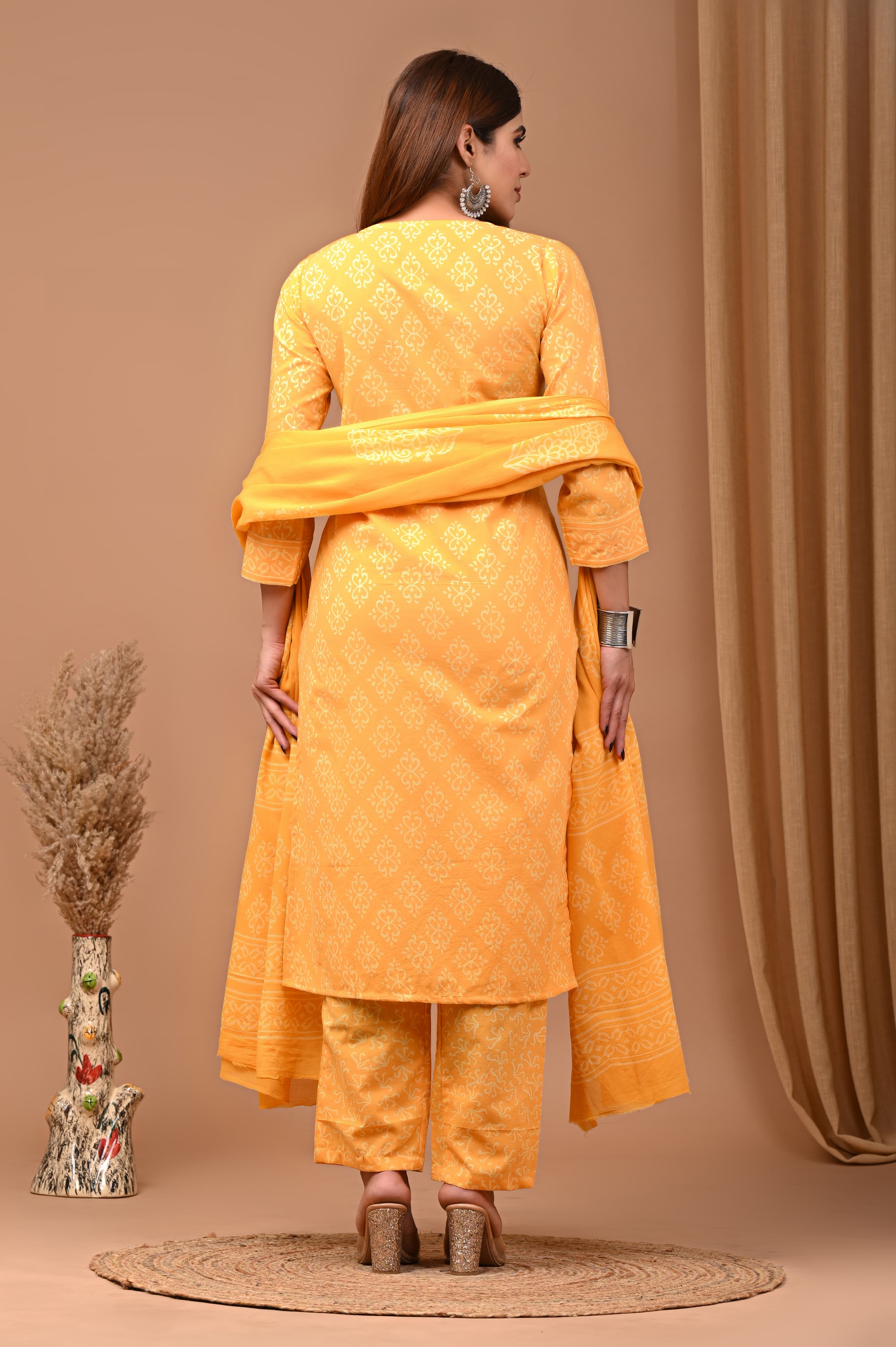 Yellow Block Print Suit Set With Dupatta