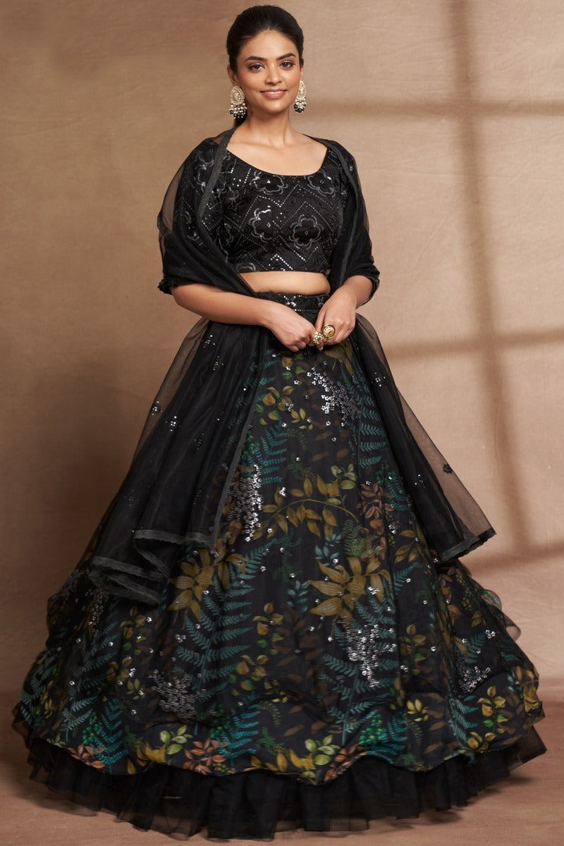 Black Chiffon Lehenga Choli With Dupatta 2676LG01