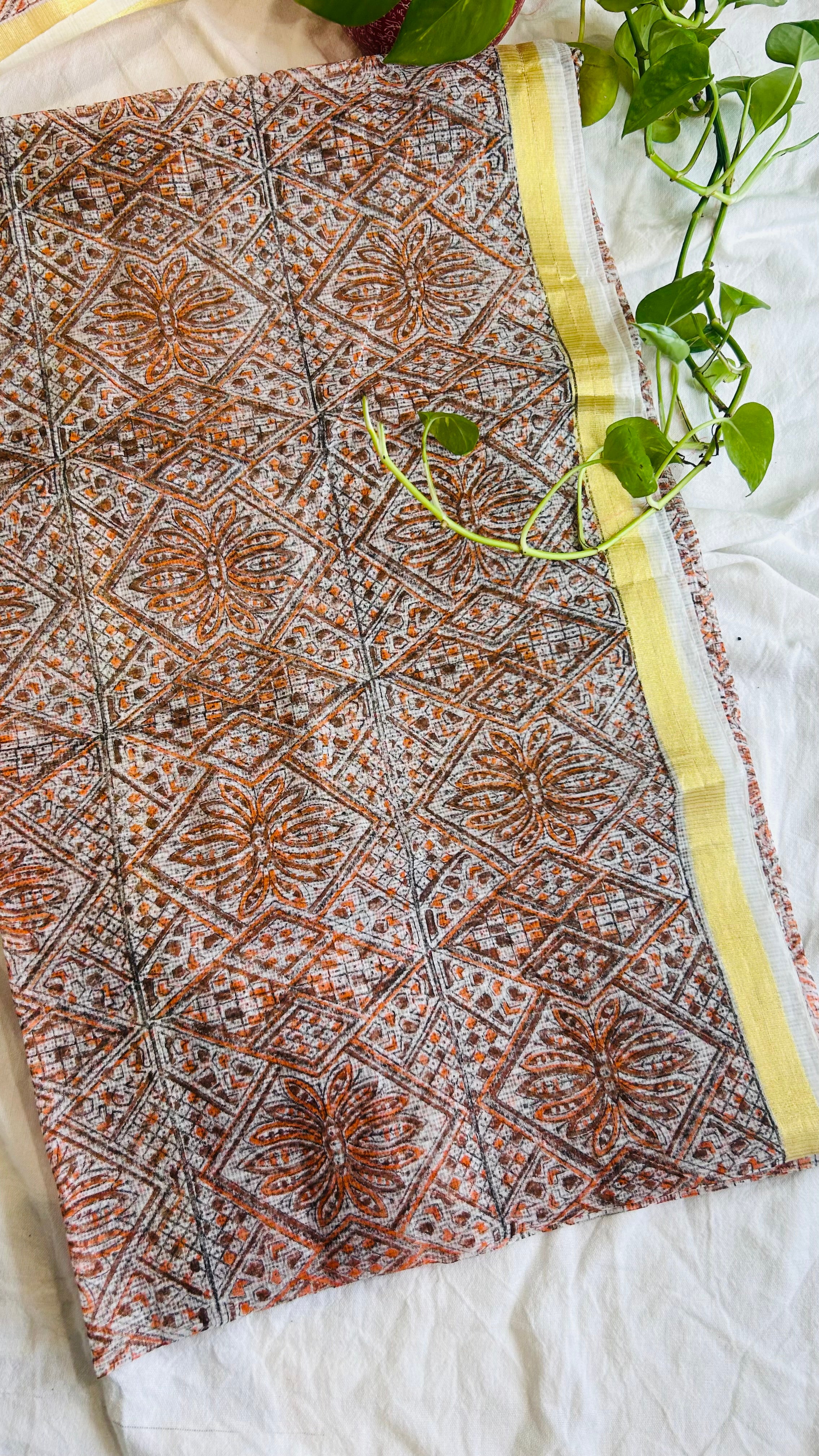 Summer Look Kota Doria Hand Block Print Suit In Cream (unstitched)