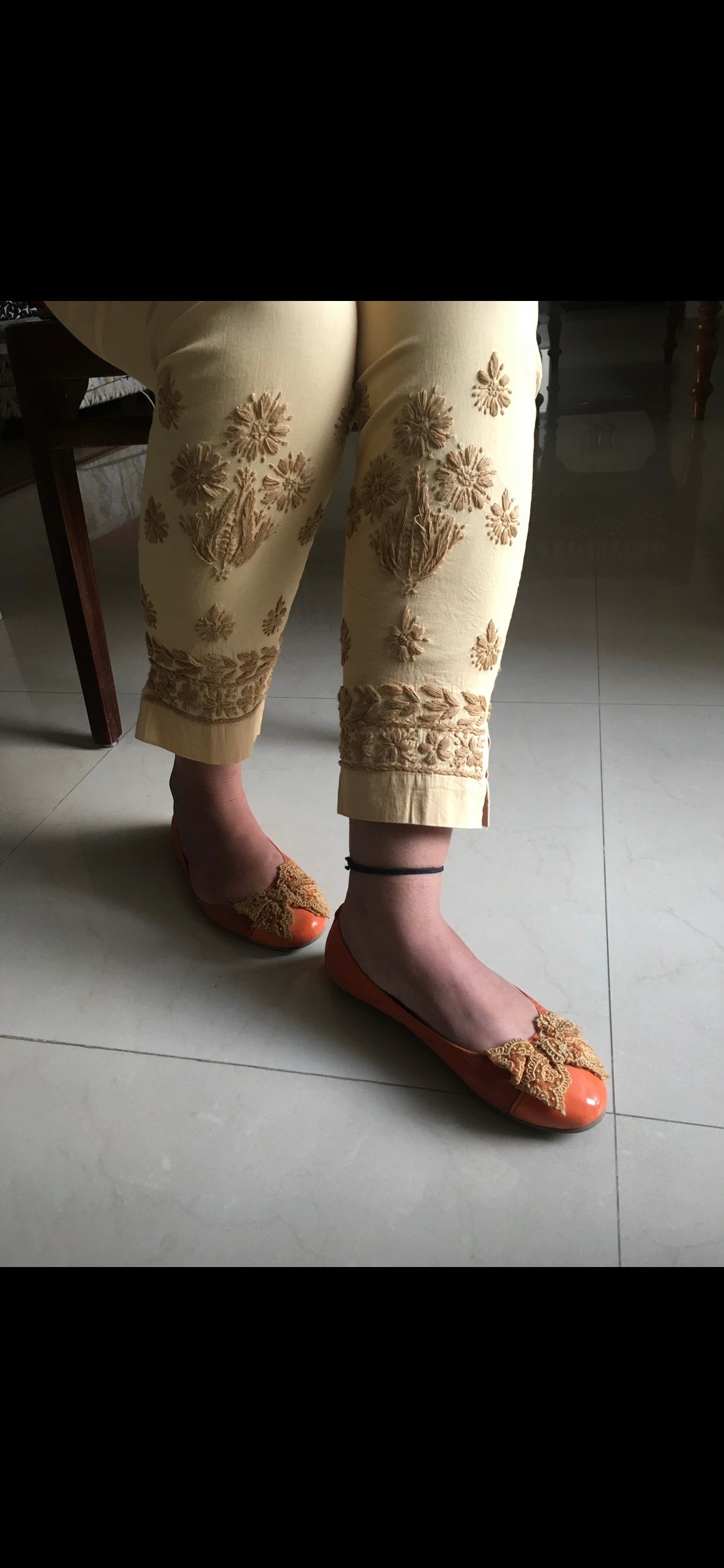 Beige chikan embroidery on straight pants